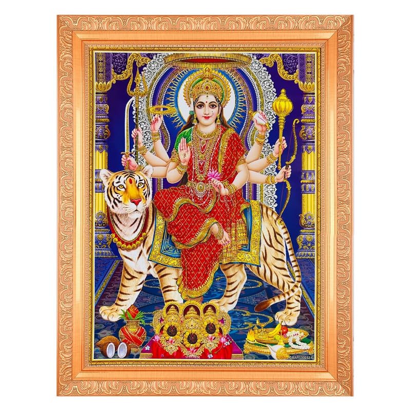 BM TRADERS Durga Maa Beautiful Golden Zari Photo In ArtWork Golden Frame(11 x 14 Inch) OR (27.94 X 35.56 Cm) Housewarming Gifts