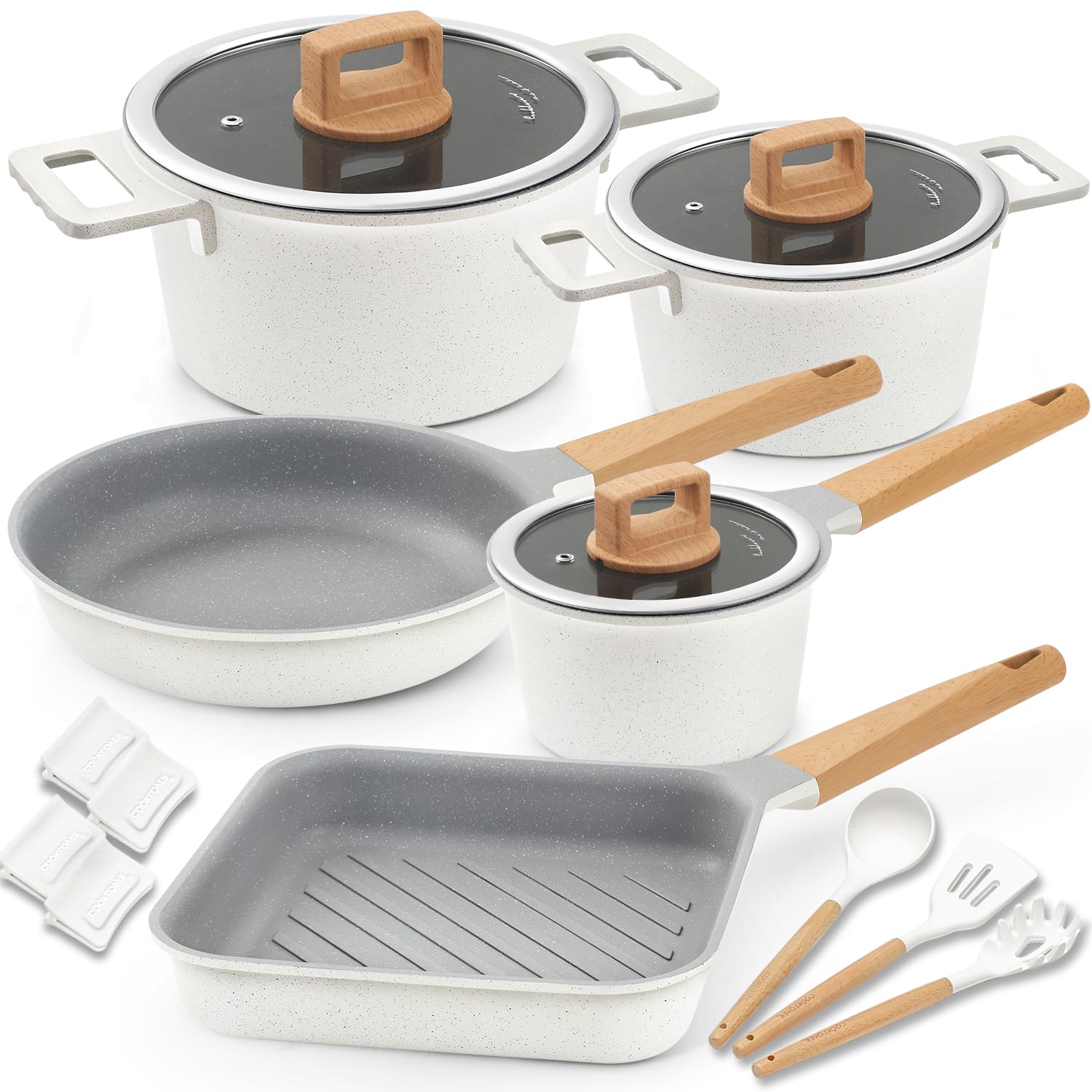 Nonstick Cookware Set 15 Piece, Ultra Non-Stick Pots And Pans Set, Stay-Cool Handles, Induction Cooking Set w/Frying Pans & Saucepans, PFOS & PFOA Free, Works on All Cooktops, Gray & White