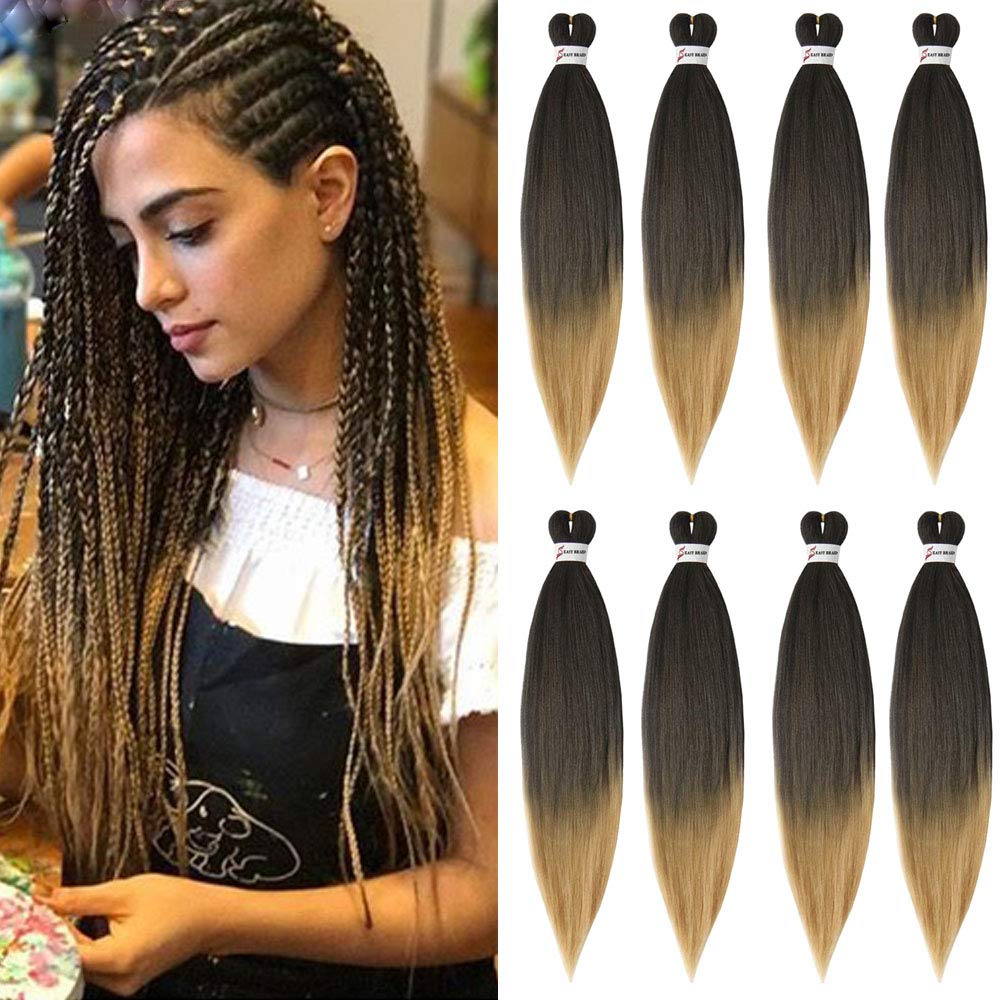 26" 8 Packs Pre Stretched Braiding Hair Yaki Synthetic Ombre Color Pre Stretched Braiding Hair Professional Braiding Hair Extensions for Crochet Braids Hair (1B/27)