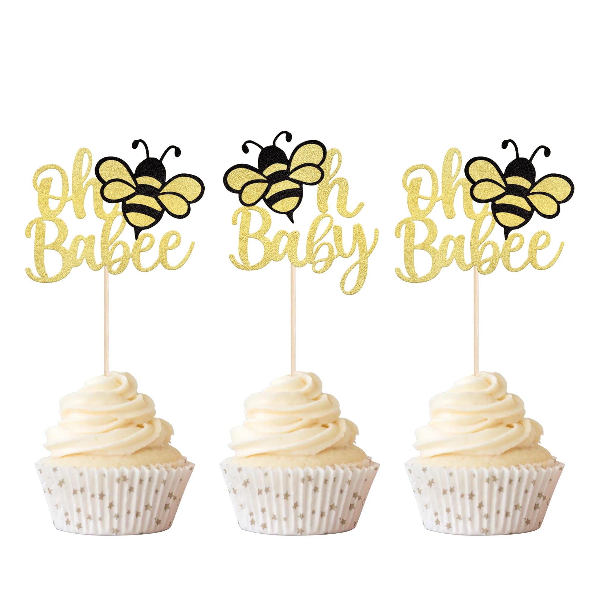 Rsstarxi 36 Pack Bee Oh Babee Cupcake Toppers Glitter Bumble Bee Oh Baby Cupcake Picks Baby Shower Cake Decorations for Gender Reveal Baby Shower Kids Boys Girls Birthday Party Supplies Gold