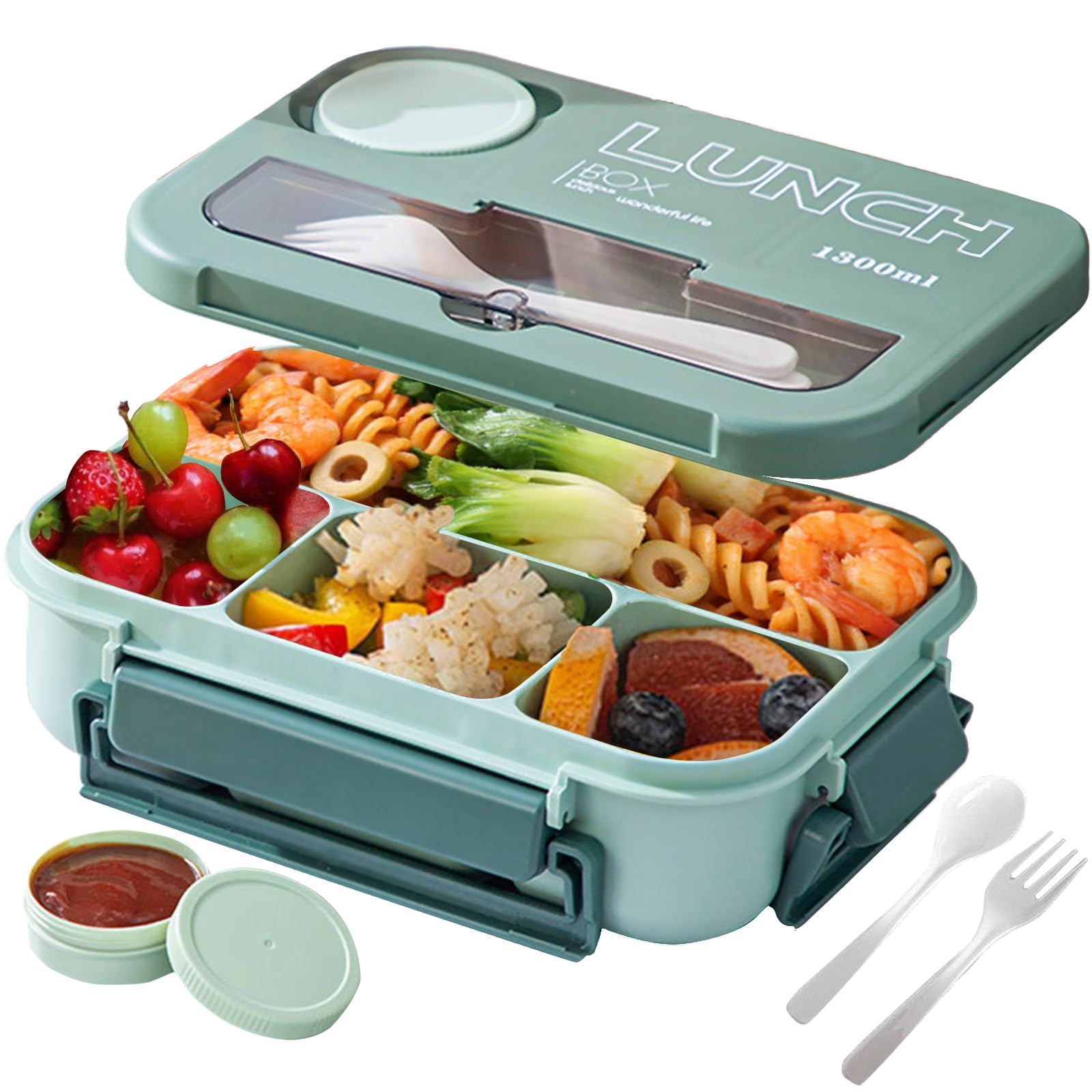 YumLockLunch Box Kids & Adults, Leak-Proof Bento Box Container with Sauce Container & Utensils - Microwave Safe - Multi-Compartment Food Storage Set for School, Work, Picnic (1300ML), Green