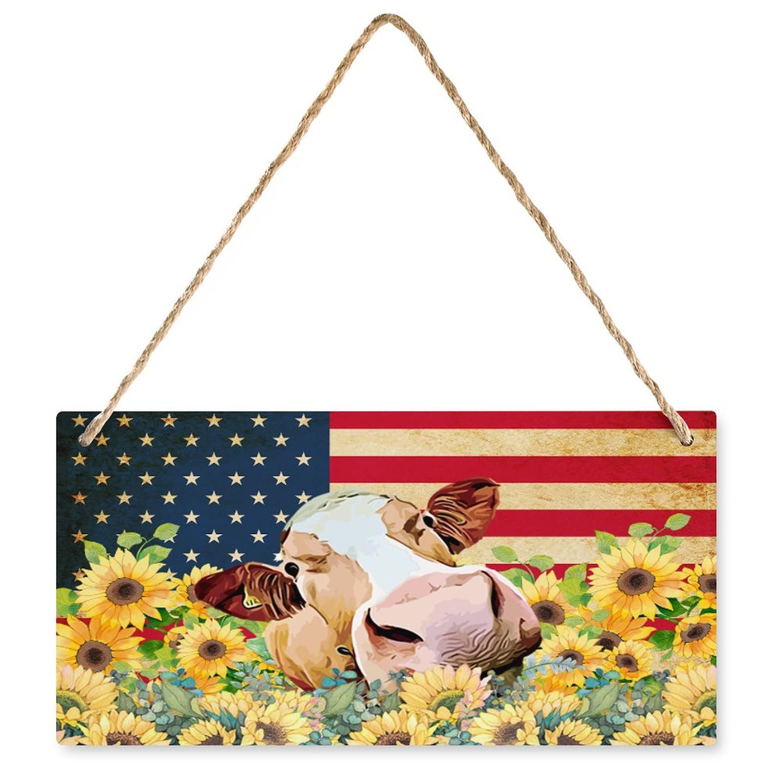 USA Flag Cow Bull Beef Vintage Sunflowers Wooden Signs Summer Farmhouse Holiday Rustic Wood Sign Plaque Wall Hanging Sign for Kitchen Decor 5x10 Inch Personalized Door Sign