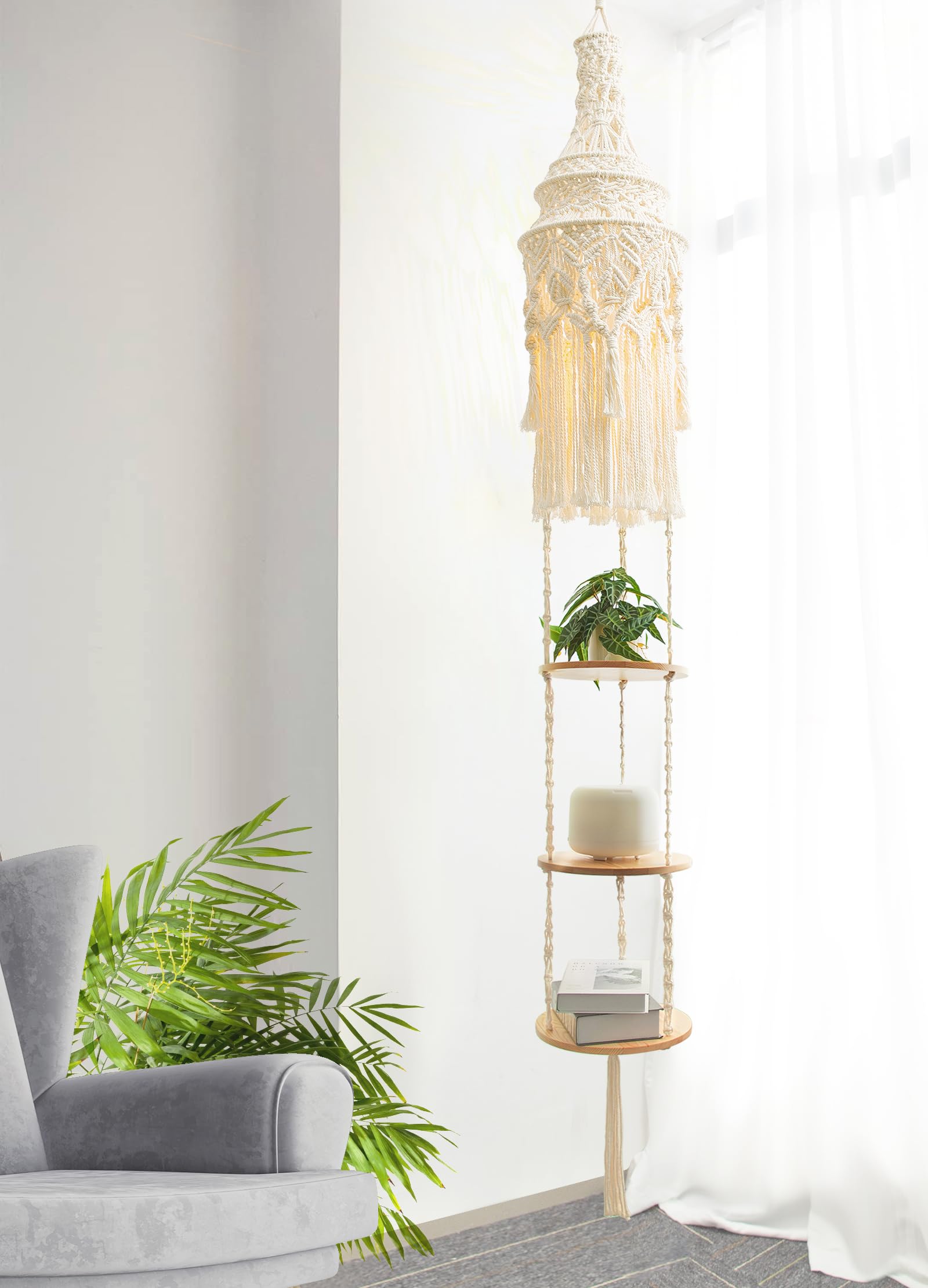 Macrame Hanging Light Fixtures Shelf, 3 Tier Boho Corner Pendant Lamp Shade Shelves, Bohemian Woven Bedside Ceiling Plant Holder Light with Plug in Cord, Farmhouse Decor for Bedroom Living Room