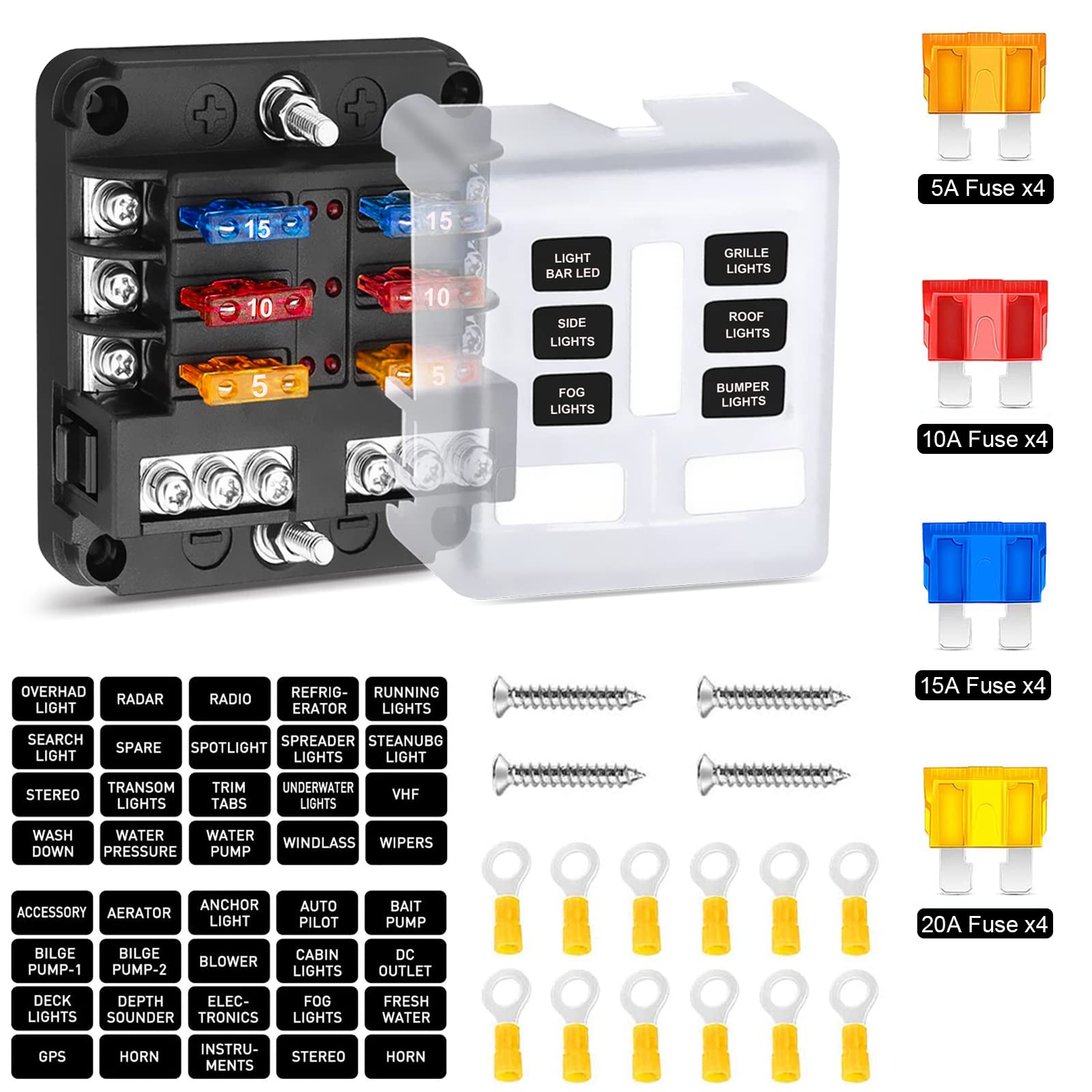 PSEQT Newest Mini 6-Way Blade Fuse Block Box with Negative Bus ATC/ATO & Warning Indicator Waterproof Marine Automotive Standard Circuit Holder Panel for Boat Yacht Auto RV Car Trailer Truck