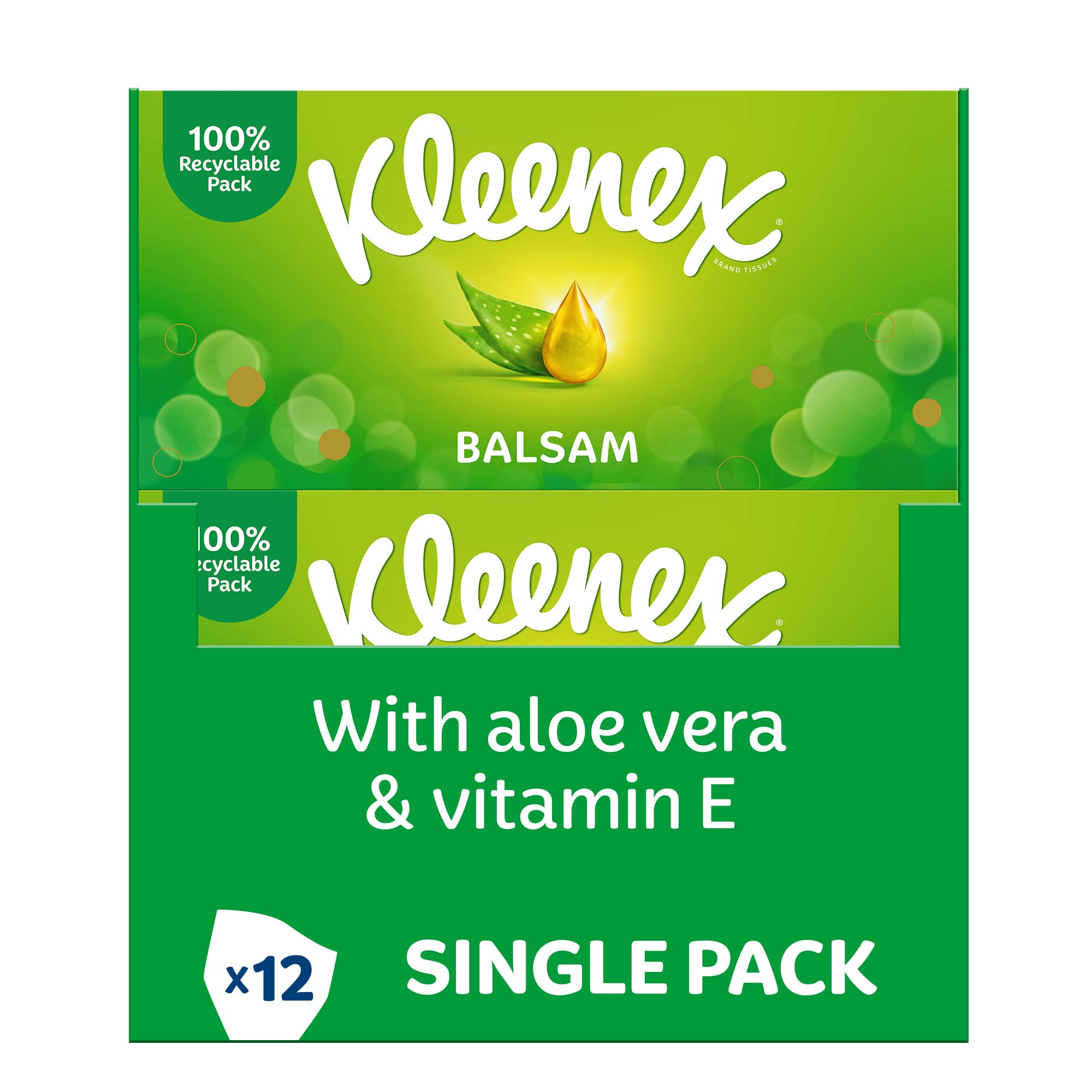 Kleenex Balsam Facial Tissues - Pack of 12 Tissue Boxes - Balm Tissues Protect and Soothe Your Nose when You've Got a Cold - Balmcare® with Aloe Vera, Vitamin E and Calendula