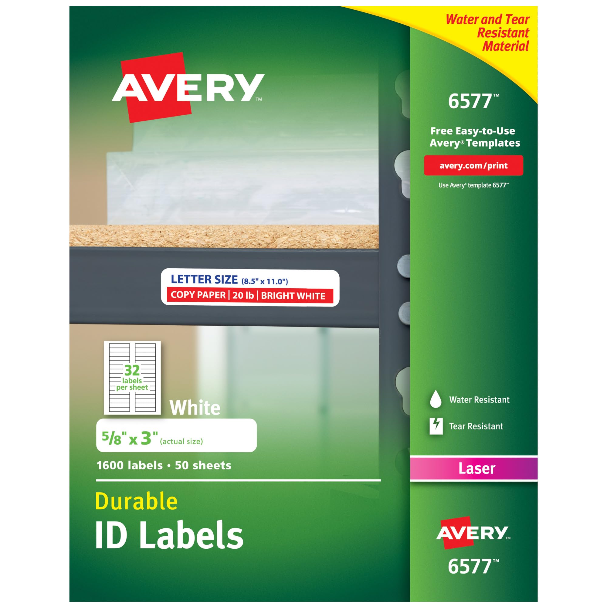 Avery Permanent I.D Labels for Laser Printers, White, 0.625 x 3-Inches, Pack of 1600 (6577)