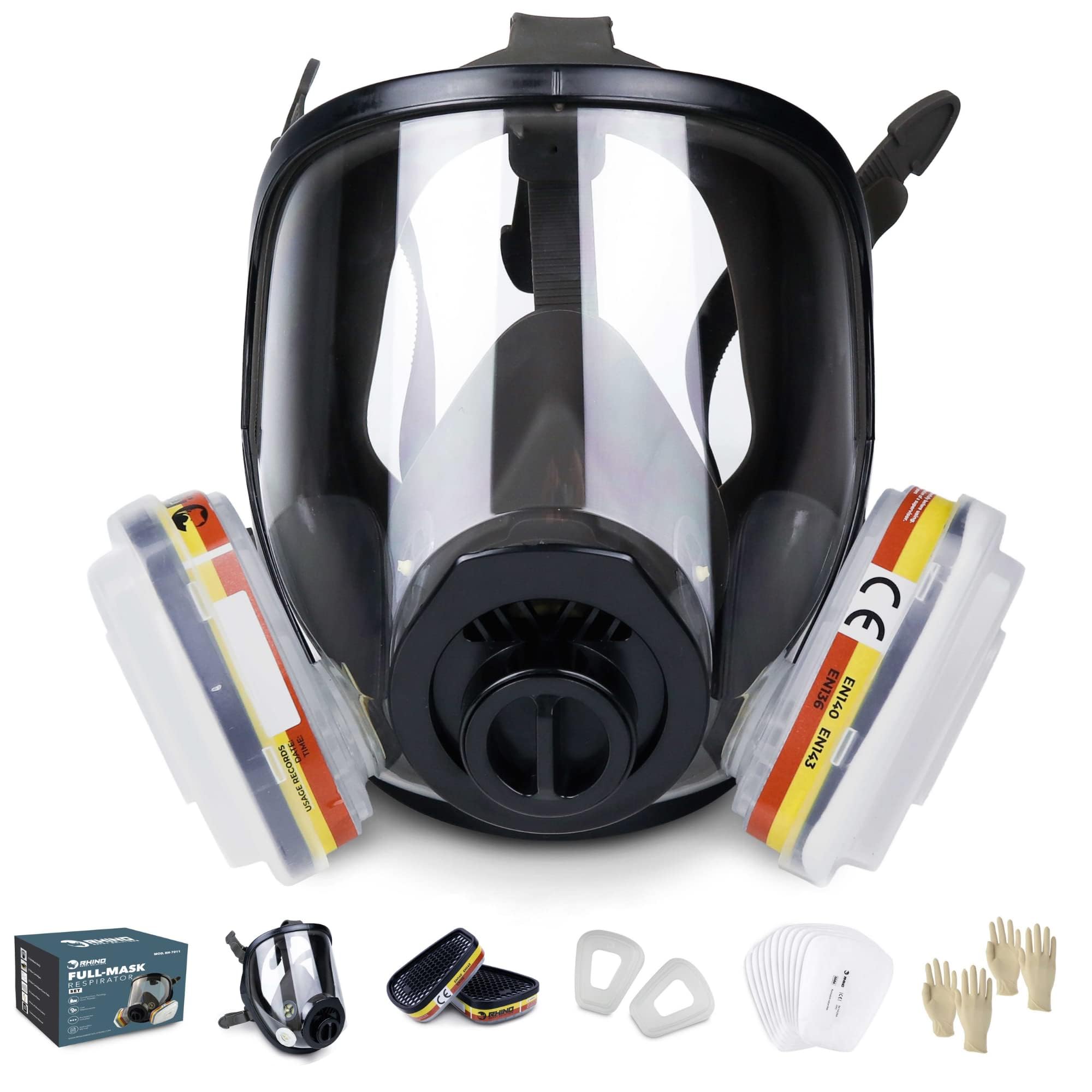 RHINO Smart Solutions Full Face Respirator Gas Mask RHINO RH-7011 for Organic Vapor, Chemical, Sanding, Dust, Paint Spraying (+ Acid Gas) Including Replacement Filters and Protection Gloves