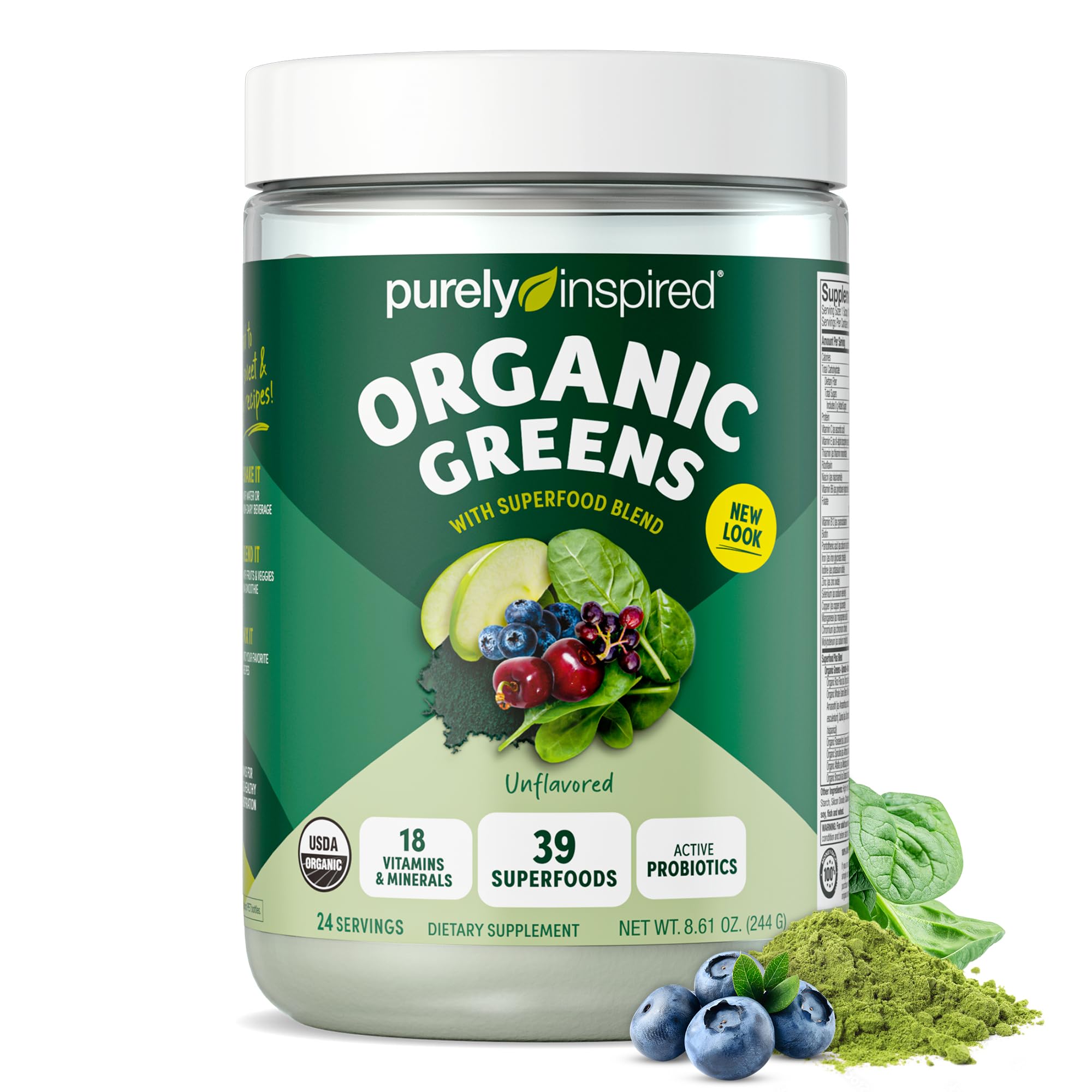 Purely Inspired Organic Greens with SuperFood Blend and Active Probiototics for Digestive Health, Spirulina & Chlorella for Gut Health - Vegan & Gluten-Free, Unflavored 24 Servings