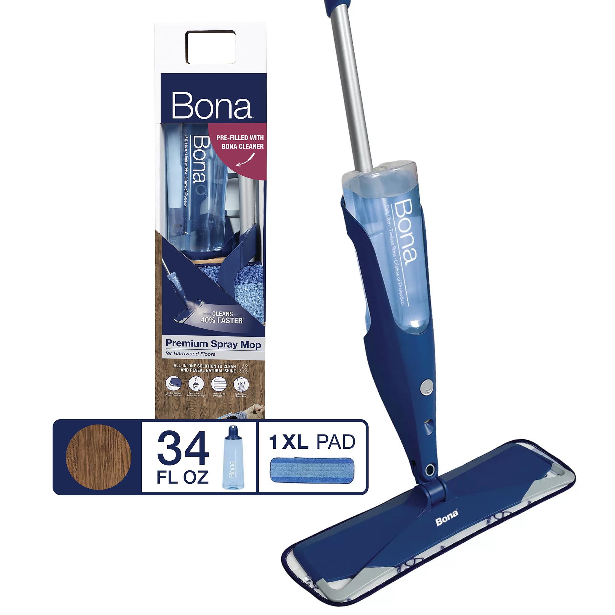 Bona Hardwood Floor Premium Spray Mop - Includes Hardwood Floor Cleaning Solution and Machine Washable Microfiber Cleaning Pad - Dual Zone Cleaning for Faster Cleanup - Spray Mop for Wood Floors