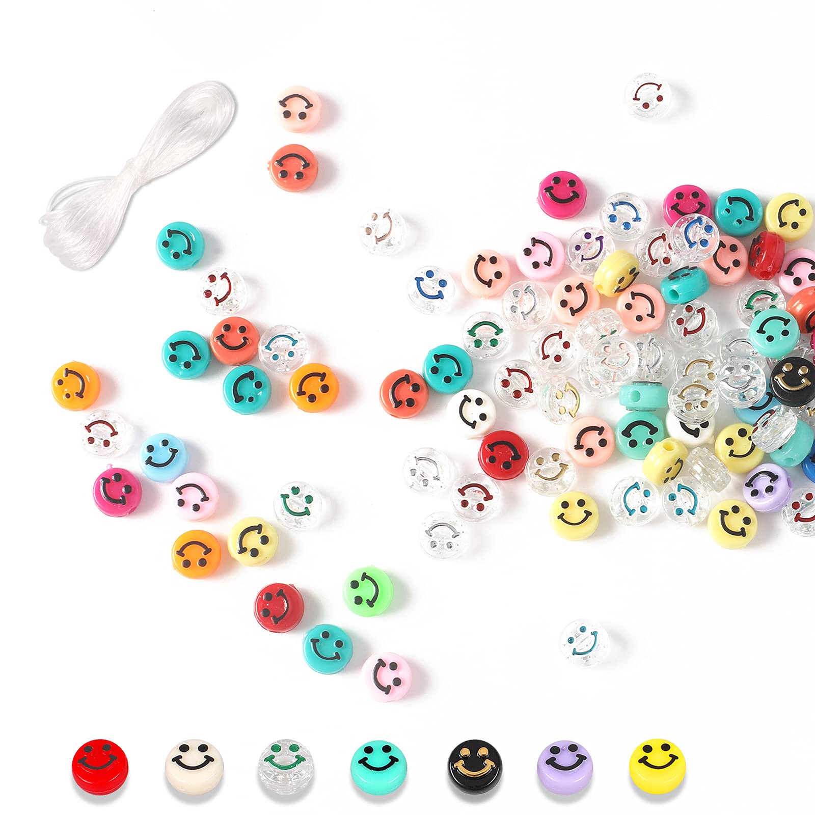 Smiley Face Beads - Reastar 100PCS Acrylic Beads, Happy Face Beads with Crystal Bracelet String - for Jewelry Making DIY Bracelet Earring Necklace Craft Making Supplies (Diameter 10mm)