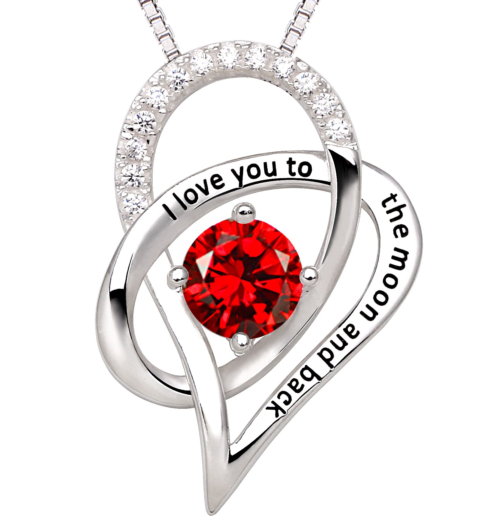 ALOV Jewelry Sterling Silver Birth Month I Love You to The Moon and Back Love Heart Cubic Zirconia Pendant Necklace