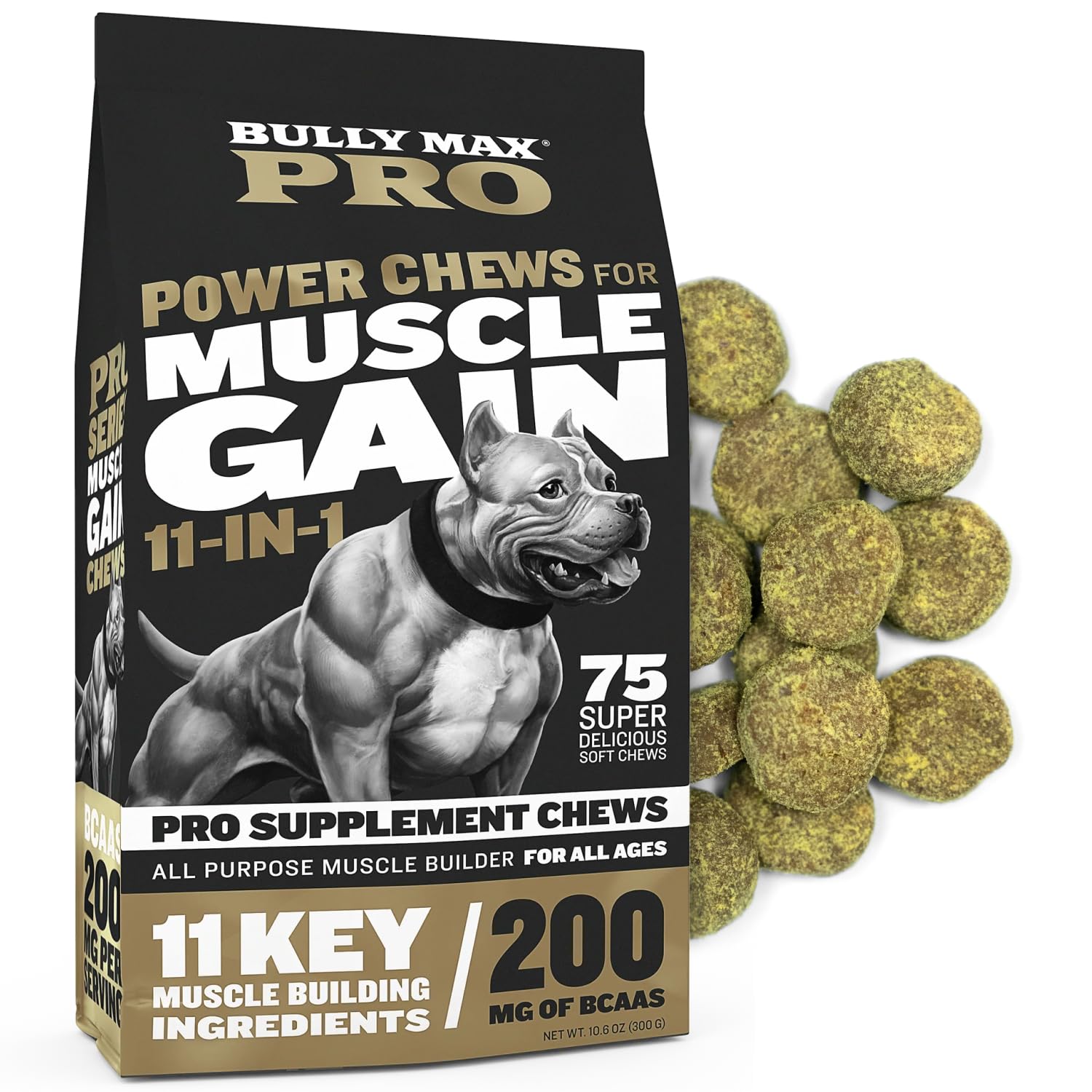 Bully Max11-in-1 Muscle Gain Power Chews - High Protein Dog Supplement with Amino Acids - Healthy Treats for Puppy & Adult Dogs - Premium Muscle Builder for All Breeds - 75 Tasty Soft Dog Chews