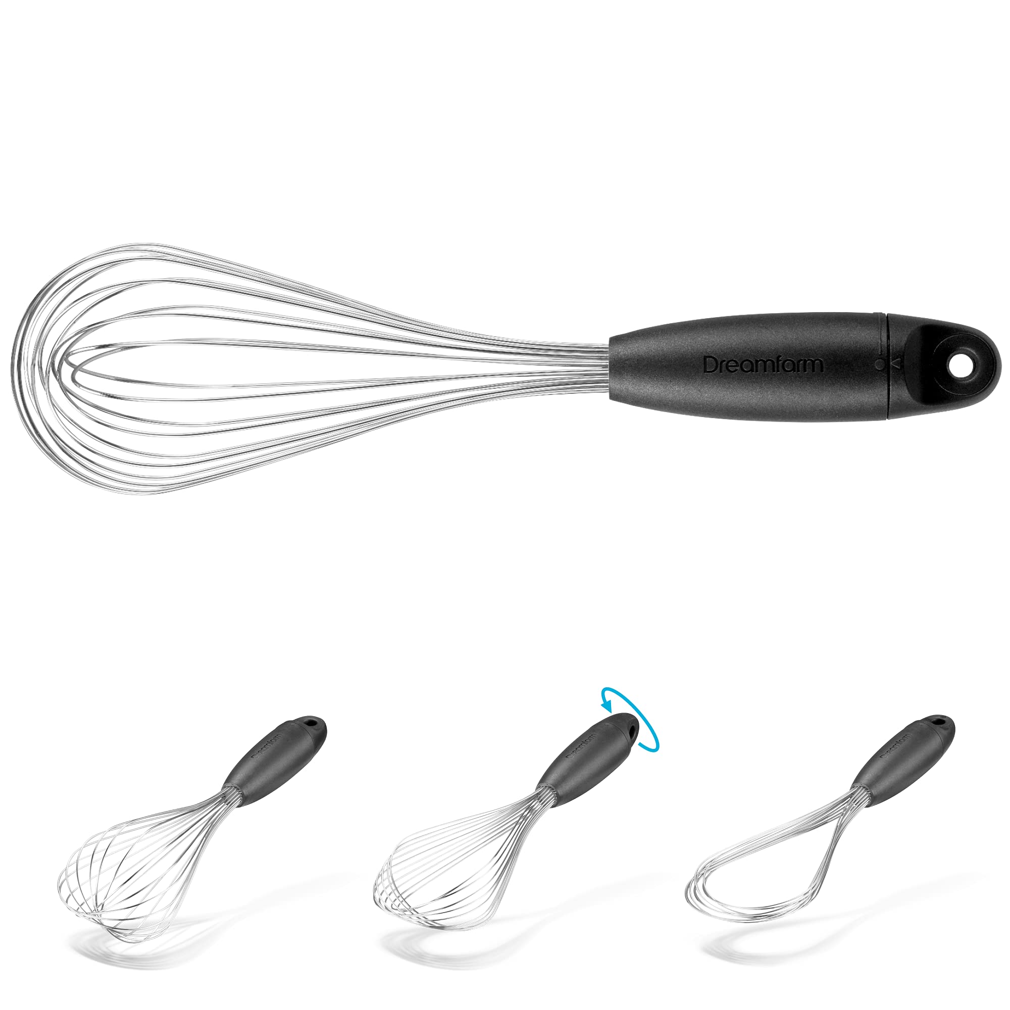 DreamfarmFlisk | 3 in 1 Stainless Steel Whisk with Ergonomic Handle | Balloon Whisk, Sauce Whisk and Flat Whisk Combined Into One | Space Saving Whisk for Baking, Cooking, and Deglazing | Black