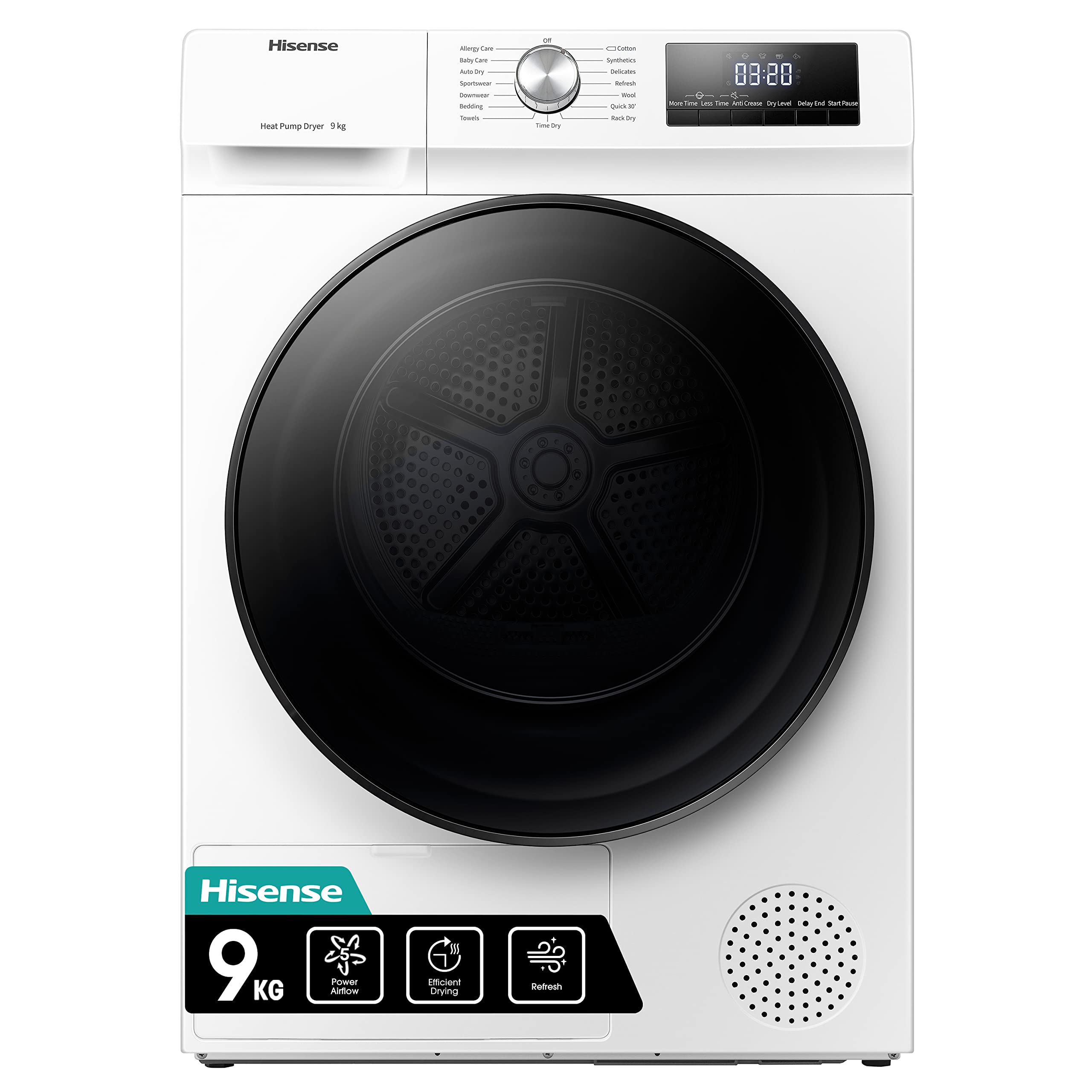 Hisense 3 Series DHQA902U 60cm Freestanding 9 KG Heatpump Front Load Tumble Dryer - 15 Programmes - Auto dry- Steam Refresh - Allergy Care - White [Energy Class A++]