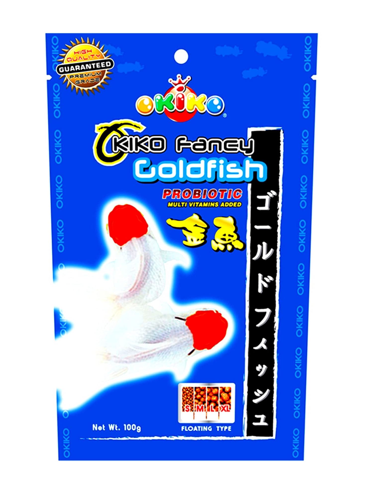 OKIKO100 g. Fancy Goldfish Food Color Enhancing Vitality & Tropical Fish Feed Floating Pellet 1.5 mm, Growth Fast Energy Healthy Nutrition, Highly Digestible, Clear Water, Probiotics Multi Vitamins