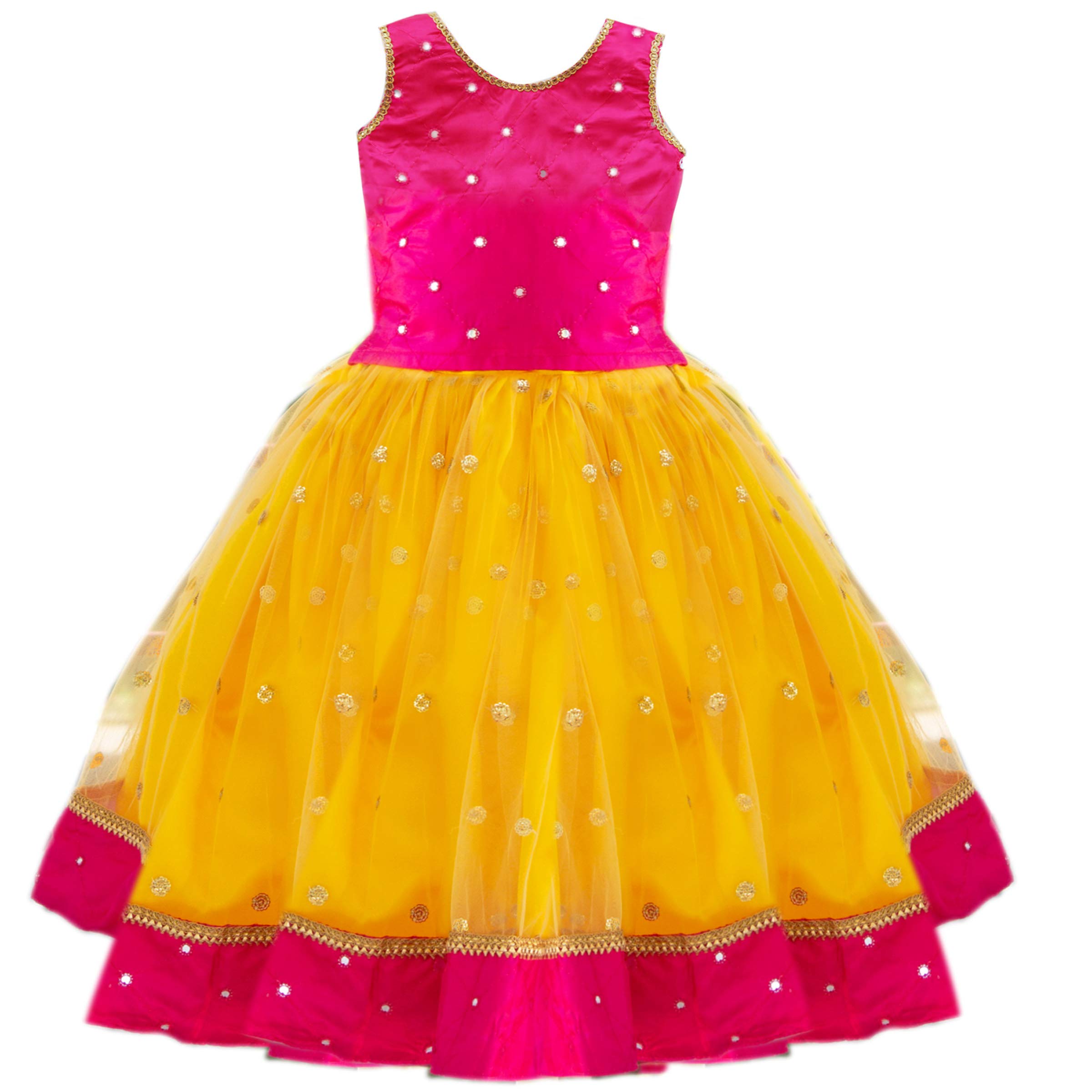 Orange and Magenta combo south indian Baby girls mirror work net Lehenga Choli set (3months to 8Years), Yellow, 12 Months-24 Months