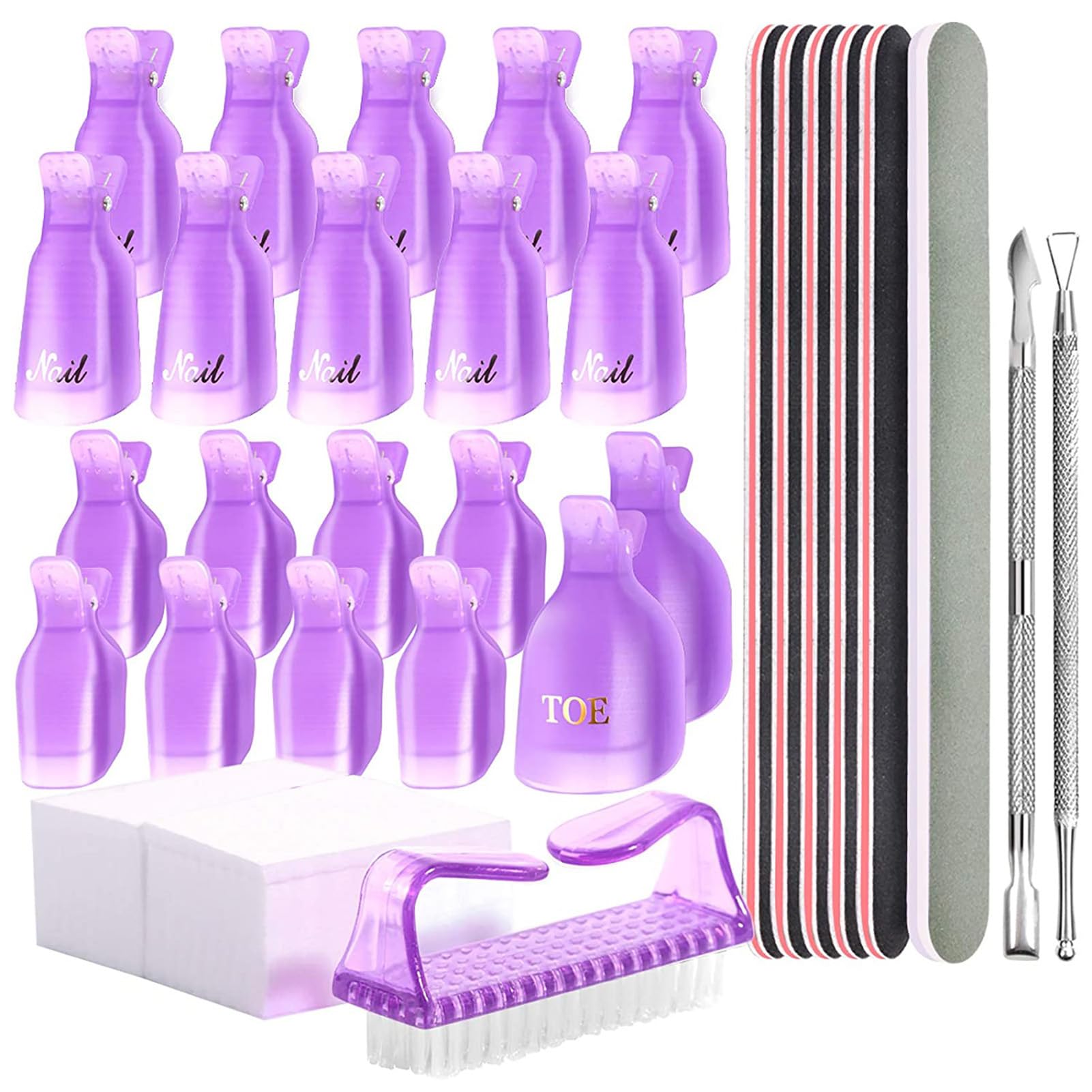 YHOME Nail Polish Gel Remover Tools Kit， 20pcs Nail Soak Off Clips for Hands and Toes，100 Pcs Remover Cotton Pad，Nail Brush,Nail Files, Polishing Strip,Nail Cuticle Pusher Peeler Scraper (Purple)