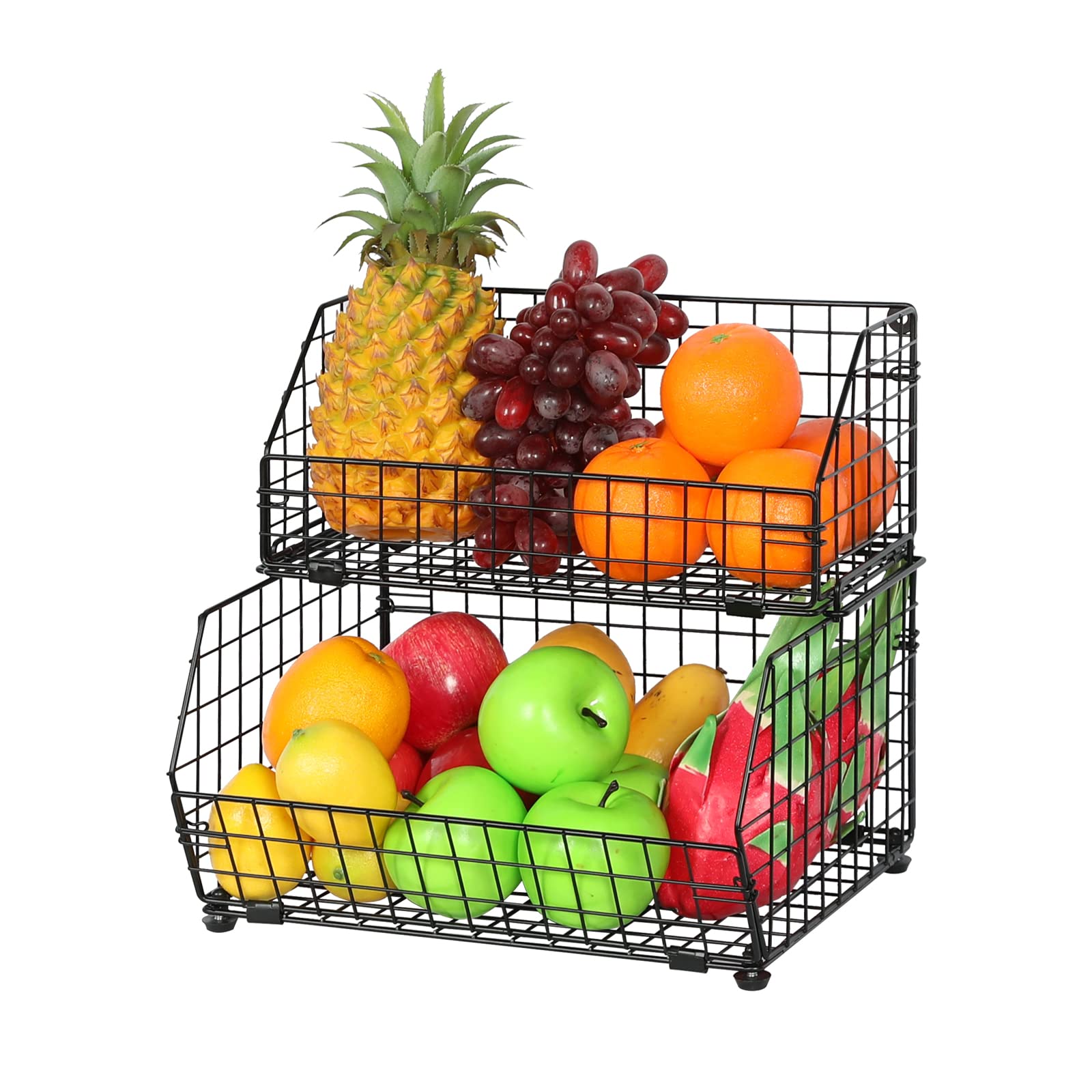 Fruit Basket, 2-Tier Vegetable Basket for Kitchen Countertop & Wall-Mounted Fruit Holder Potato and Onion Storage Basket for Canned Vegies Fruits Pantry Storage