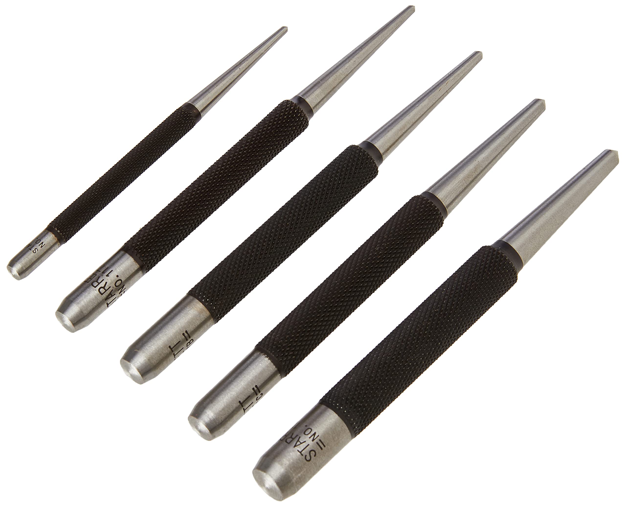 Starrett Steel Center Punch with Round Shank and Knurled Finger Grip - Hardened and Tempered Steel, 0-4-inch Length, 1/16, 5/64, 3/32, 1/8, 5/32 Diameter Tapered Point, 5 Pieces - S117PC