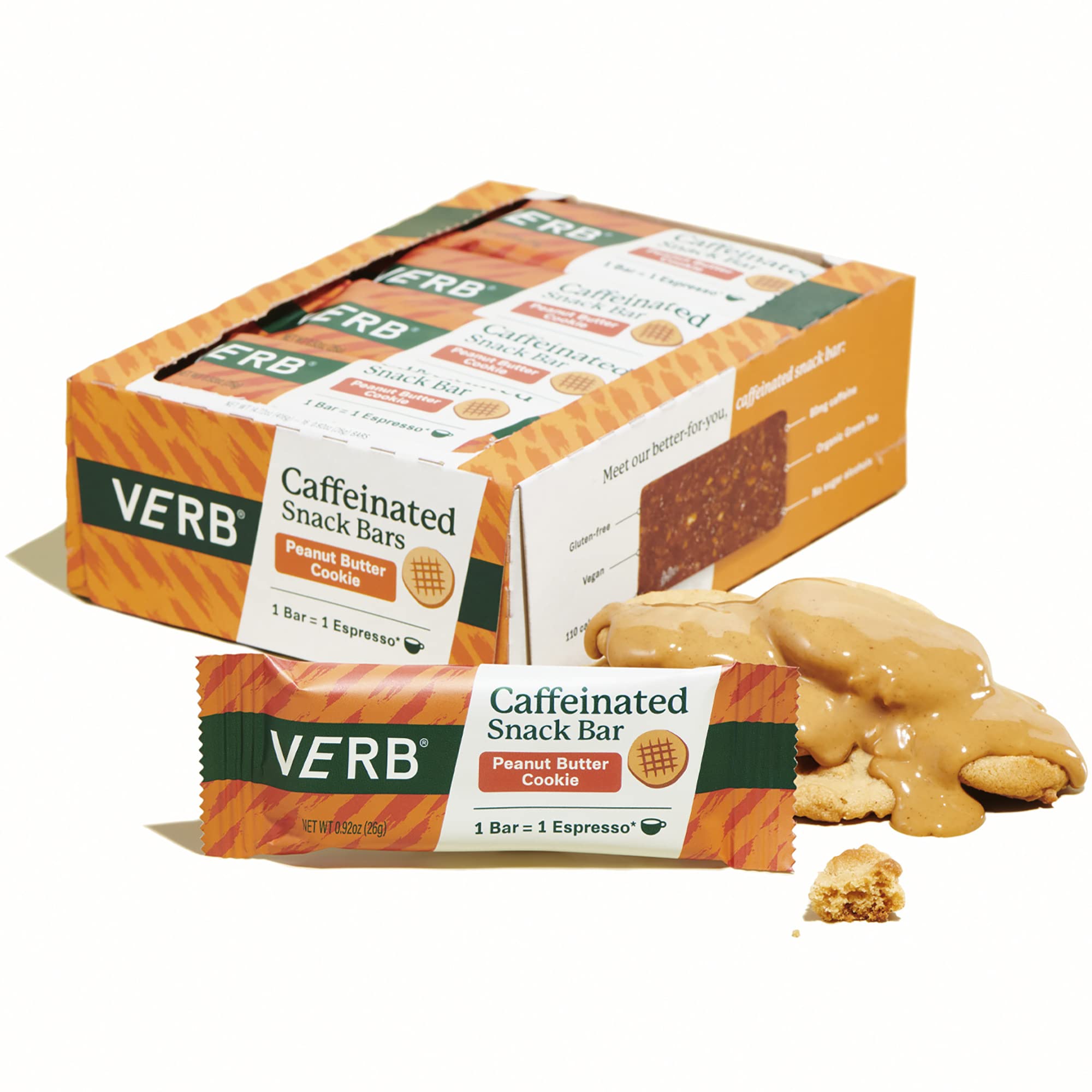 Verb Energy - Peanut Butter Cookie Caffeinated Snack Bars - 110-Calorie Low Sugar Energy Bar - Nutrition Bars - Vegan Snacks - Gluten Free with Organic Green Tea, 26g (Pack of 16)