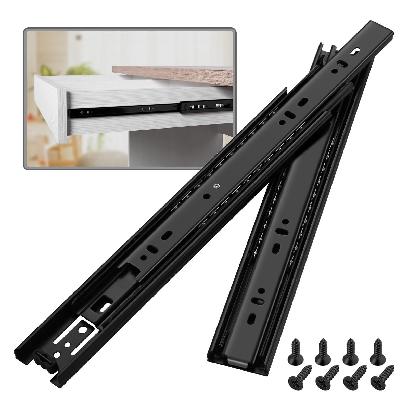 1 Pair Full Extension Ball Bearing Drawer Slides 8 10 12 14 16 18 20 22 24 Inch 100 LB Load Capacity Side Mount File Cabinet Rails Dresser Metal Runner Trash Can Kitchen (10 inch, Black)