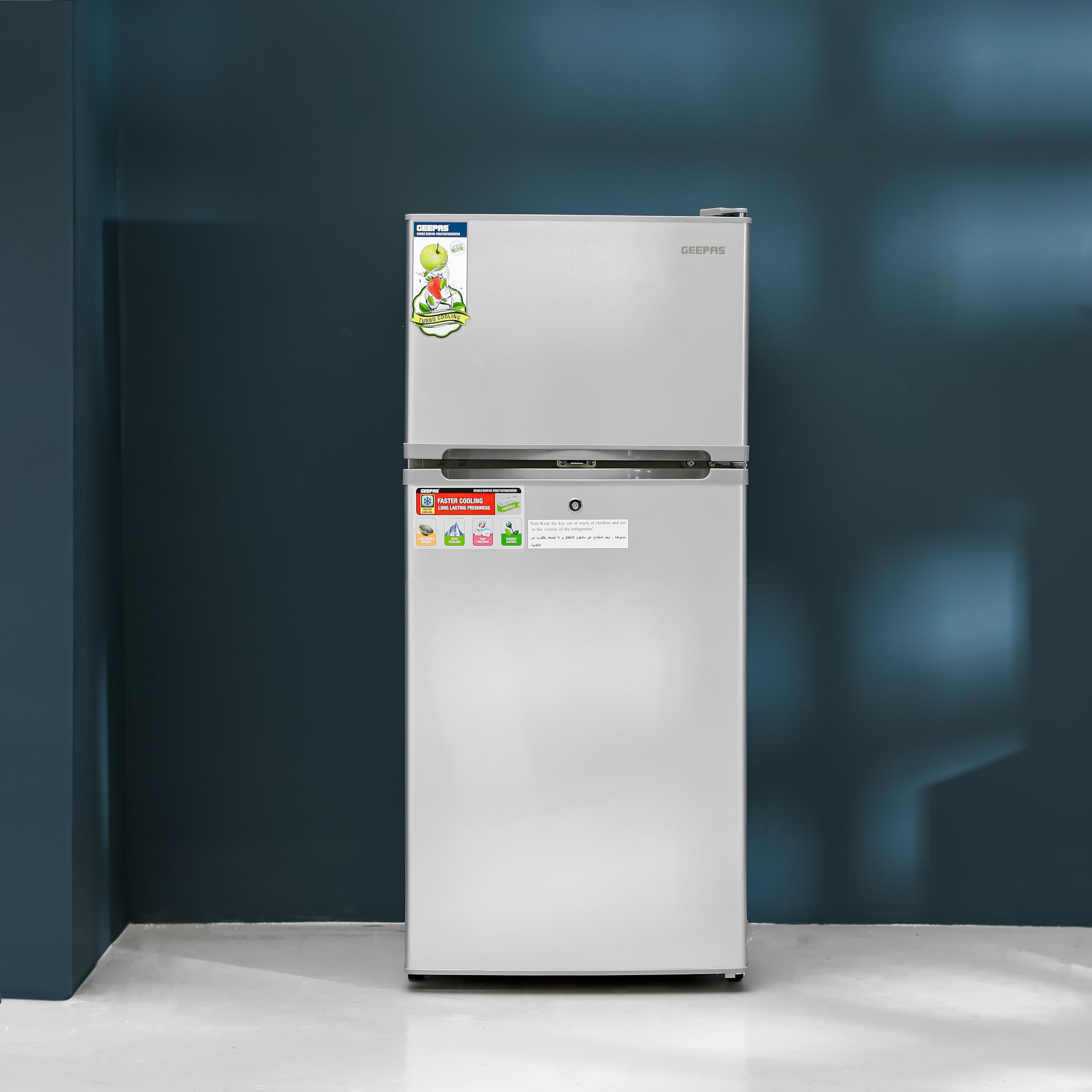 GeepasDouble Door No-Frost Refrigerator- GRF2003SPN| Energy Efficient 200L Capacity |Quick Cooling, Low Noise, Equipped with Big Storage Freezer, Eco-Friendly Design