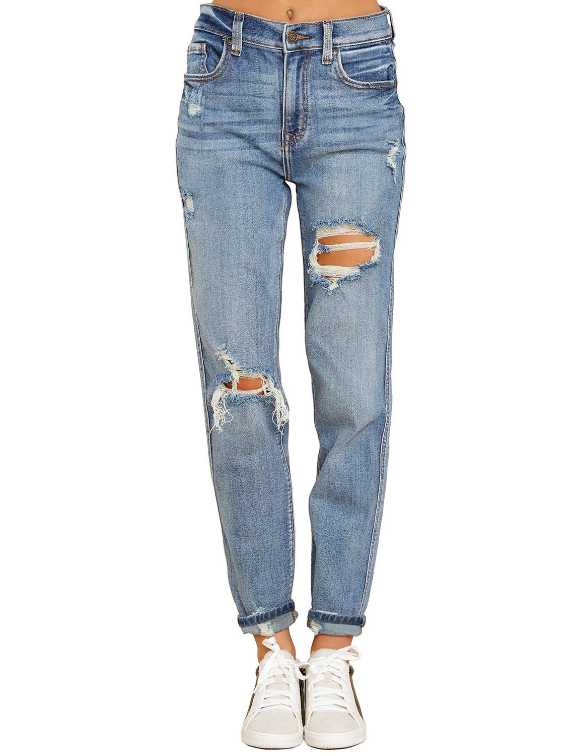 Boyfriend Jeans for Women Stretch High Waisted Ripped Distressed Mom Jeans Slim Denim Pants