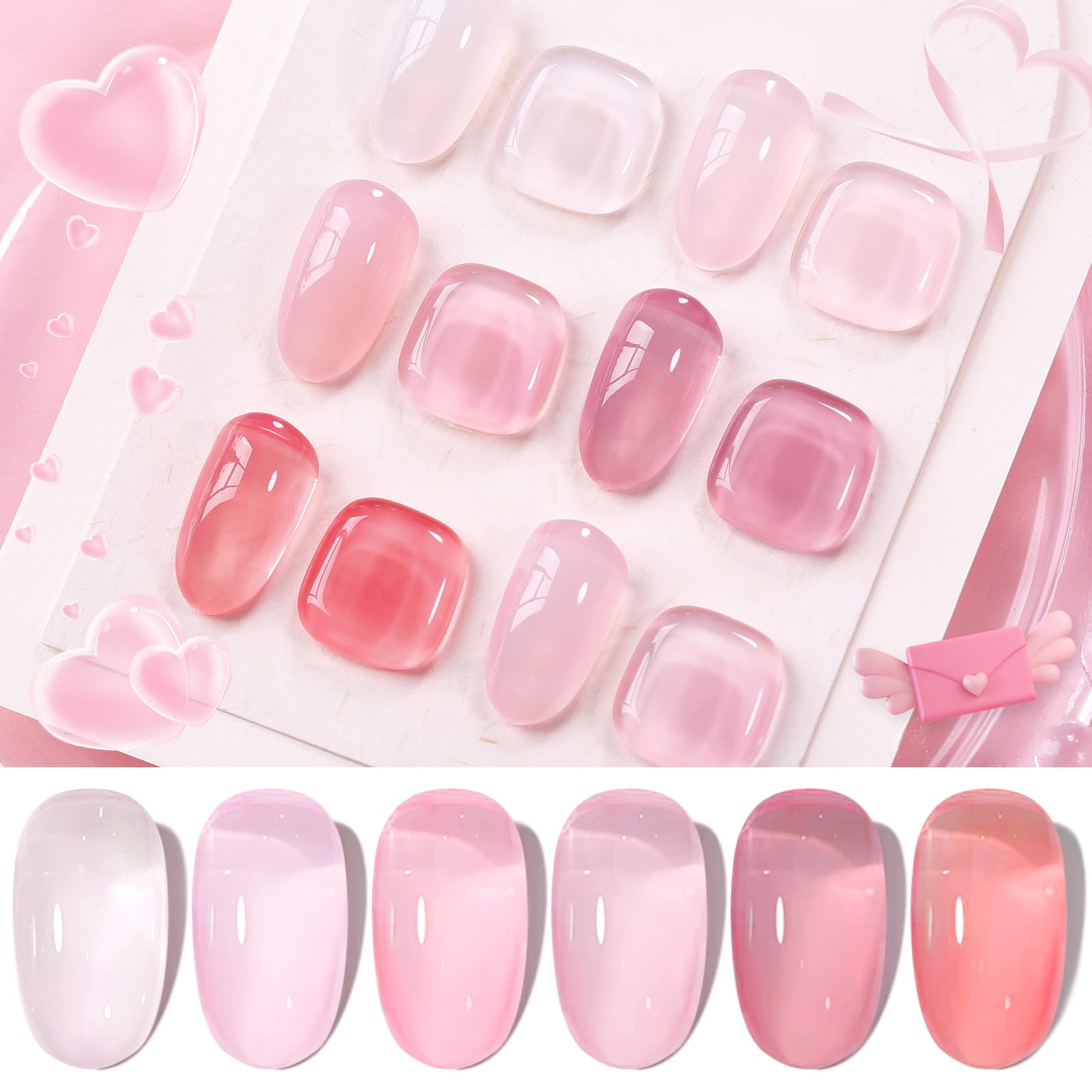 Born Pretty Jelly Gel Nail Polish Sheer Pink Gel Nail Polish Crystal Transparent Milky Gel Polish Kit Nail Art Varnish Collection Gift Set 7ML 6PCS