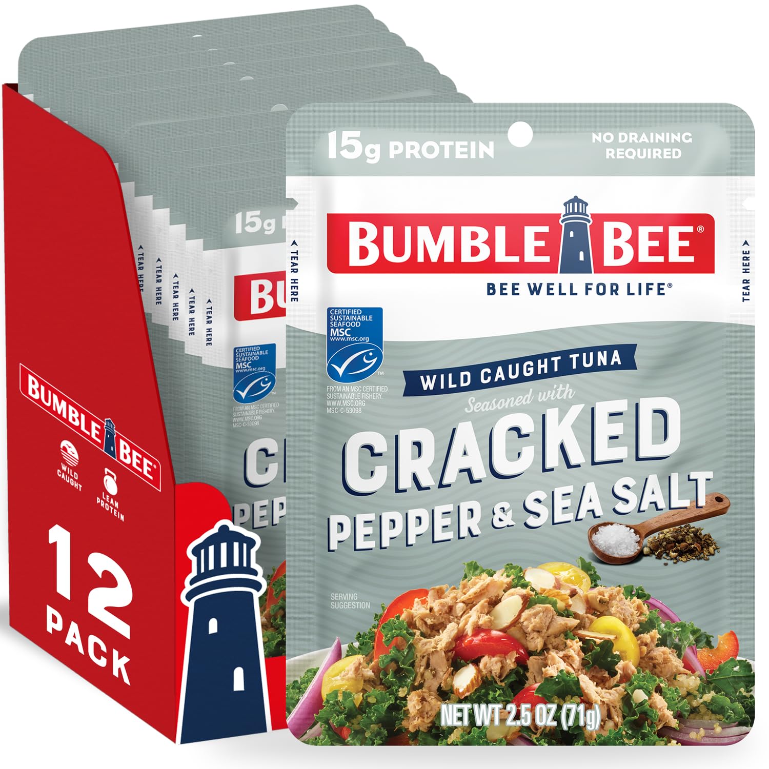 Bumble Bee Cracked Pepper & Sea Salt Seasoned Tuna, 2.5 oz Pouches (Pack of 12) - Ready to Eat - Wild Caught Tuna Packet - 15g Protein per Serving - Gluten Free