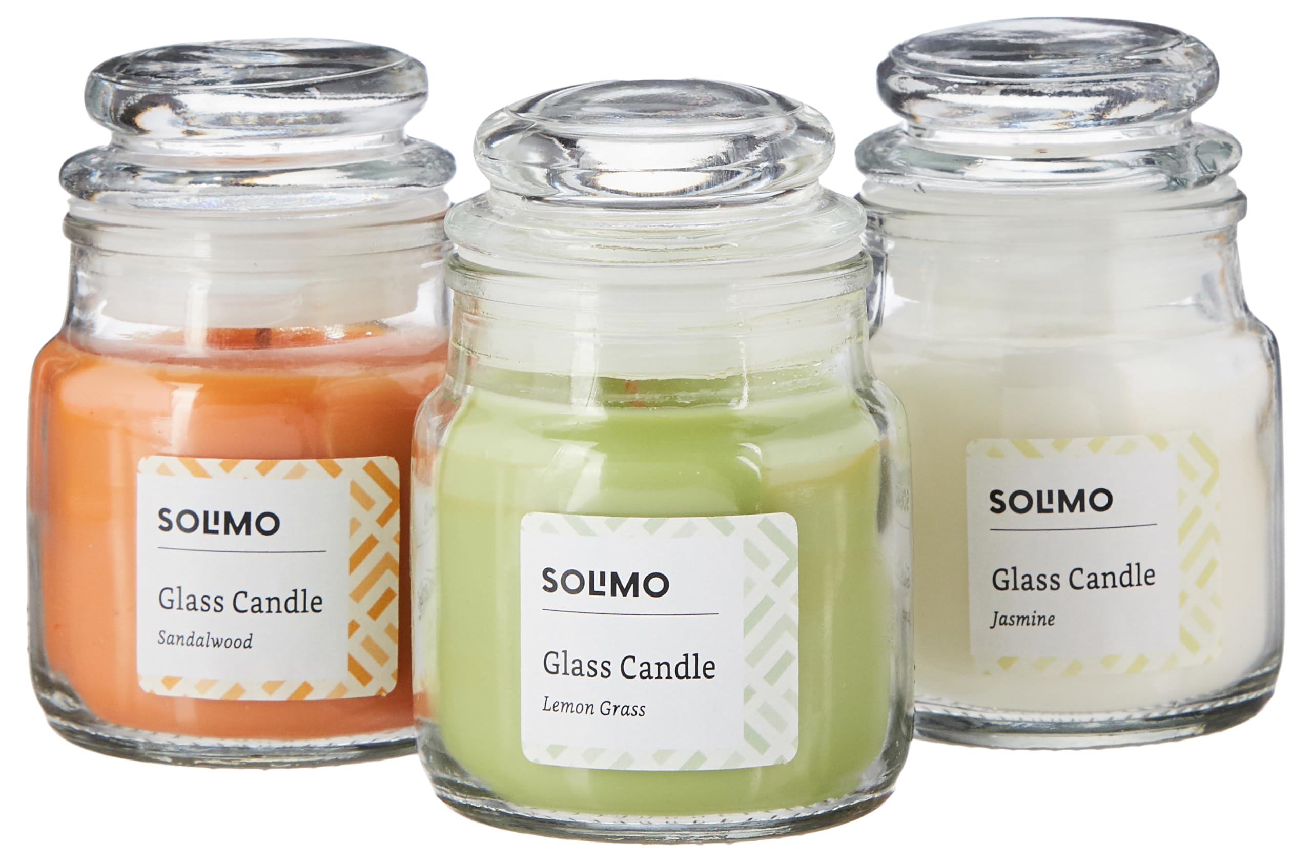 Amazon Brand - Solimo 3 oz Candles | Scented | Smokeless | No Residue | 20 Hours Burn Time (Set of 3, Sandalwood, Jasmine and Lemon Grass)