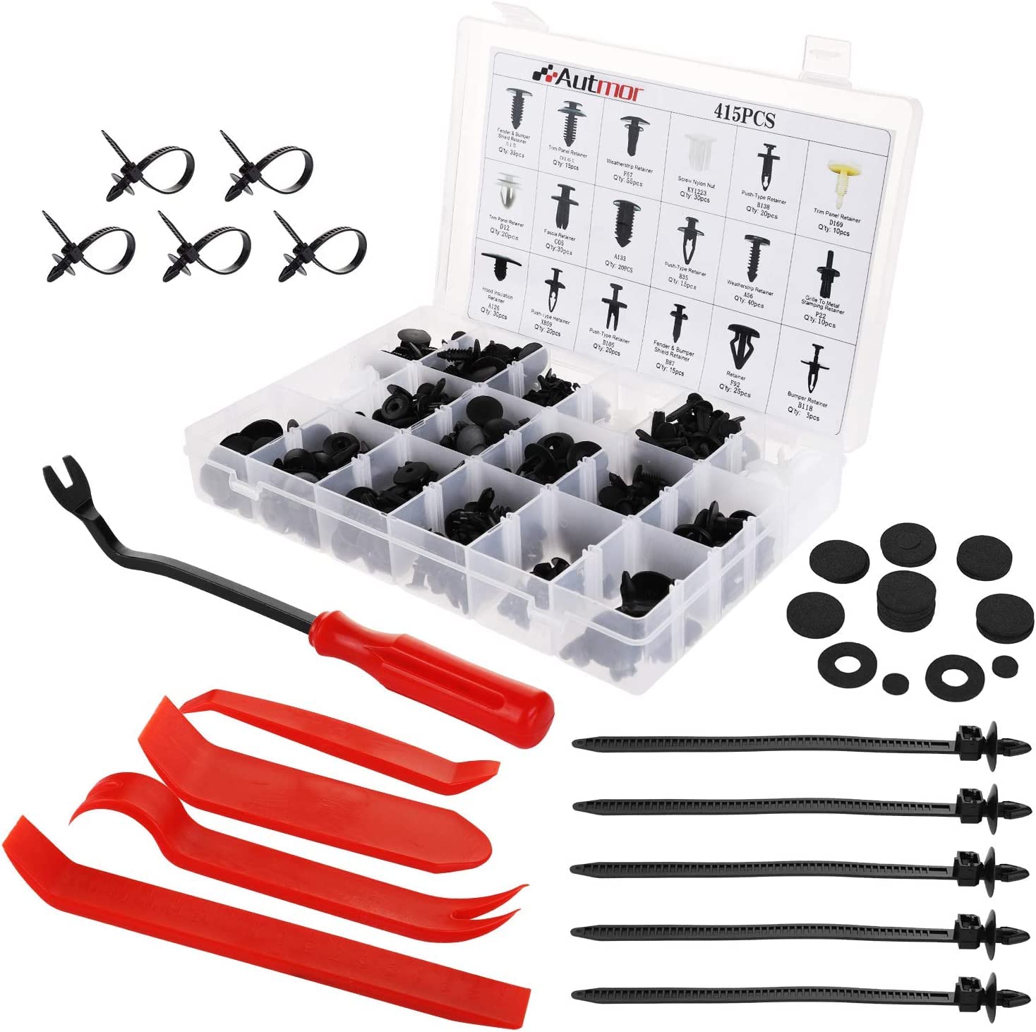 Car Retainer Kit, Autmor 450Pcs Car Clips Kit with 18 Sizes Car Trim Clips, Fastener Remover Tools, Cable Ties, Sponge Cushions, Bumper Push Retainer Assortment Plastic Rivet Kit for Vehicles