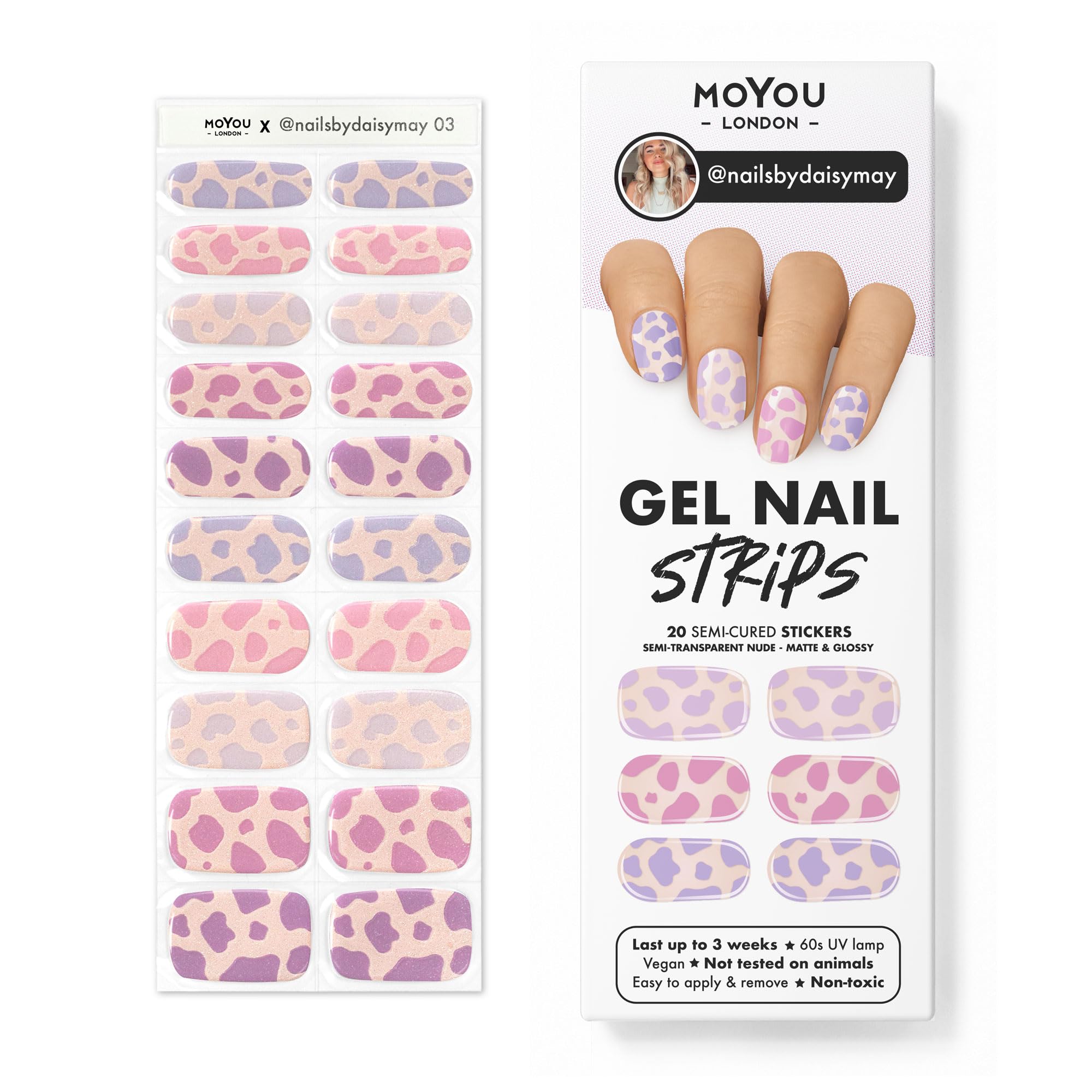 MOYOU LONDON Semi Cured Gel Nail Wraps, 20 Pcs Gel Nail Polish Strips for Salon-Quality Manicure Set with Nail File & Wooden Cuticle Stick (UV/LED Lamp Required) - Nailsbydaisymay 03