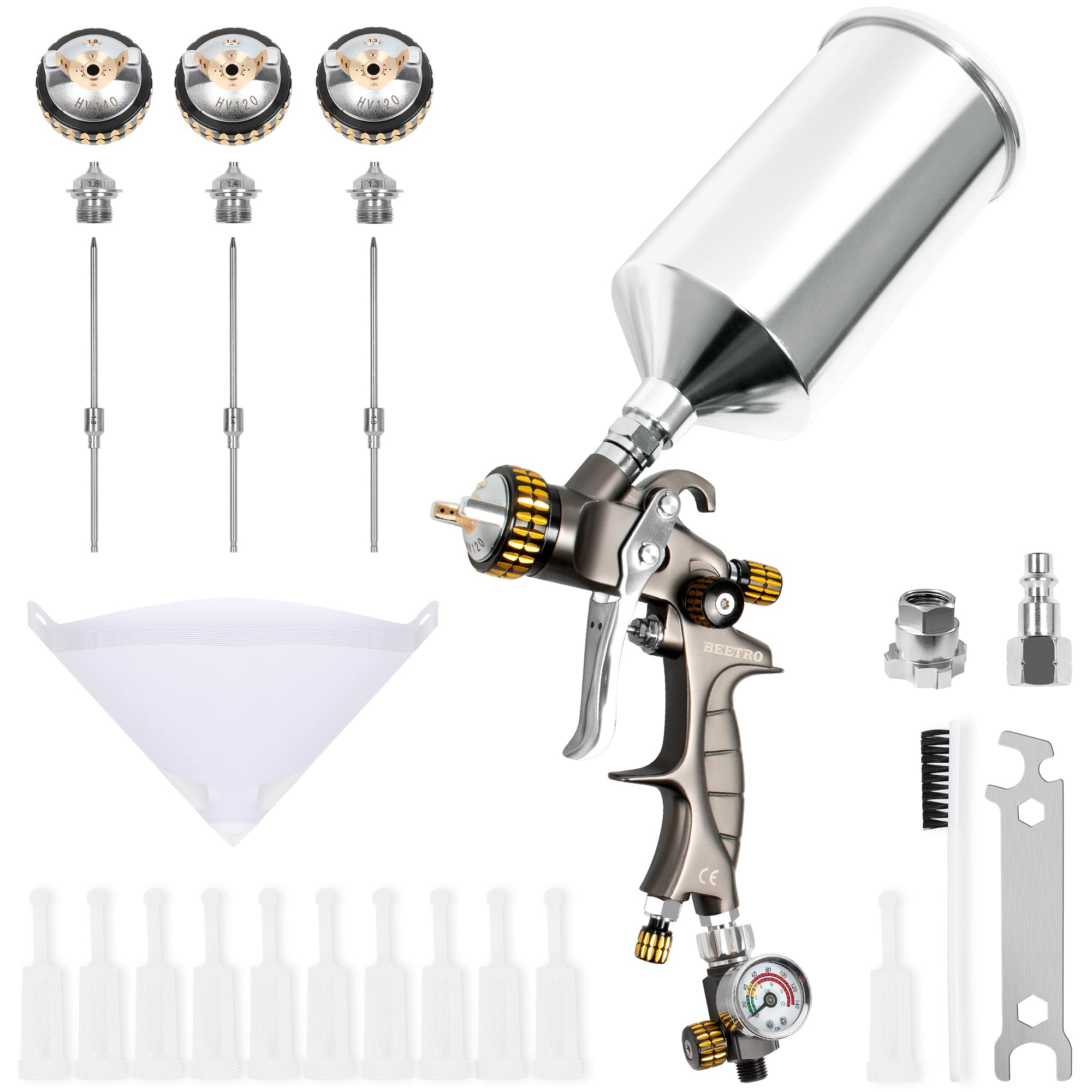 BEETRO HVLP Air Spray Gun 1.3/1.4/1.8mm Nozzle 1000ml Capacity 14.5CFM 30-43psi with 11 Filters 10pcs 190M Paint Strainers Air Control Valve 1/4" Connector and Type 2 Adapter