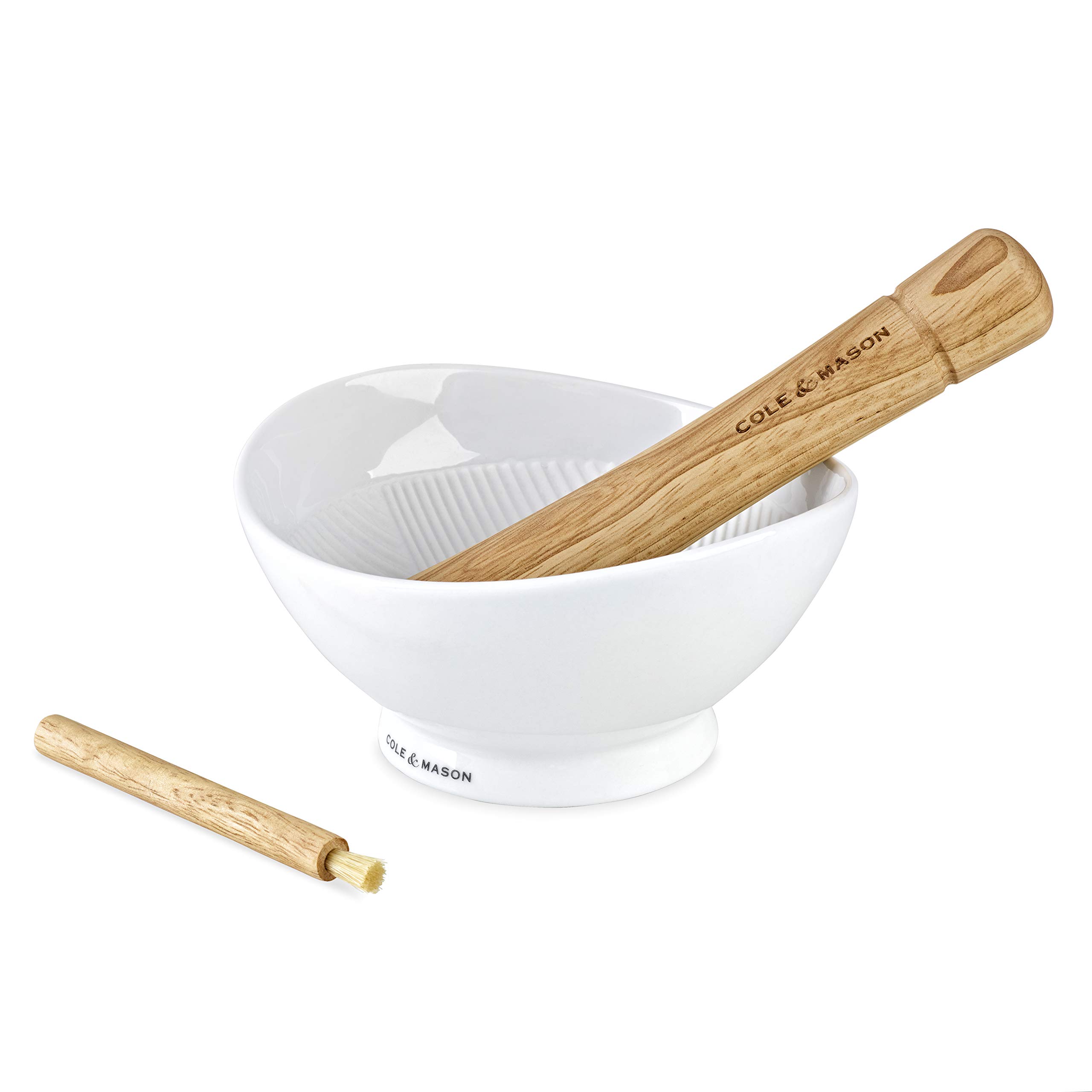 Cole & Mason H111929 Suribachi Pestle & Mortar | Spice Grinder/Herb Grinder | White Glazed Porcelain/Hevea | Ceramic Pestle and Mortar Set | Includes Wooden Brush | 2 Year Guarantee