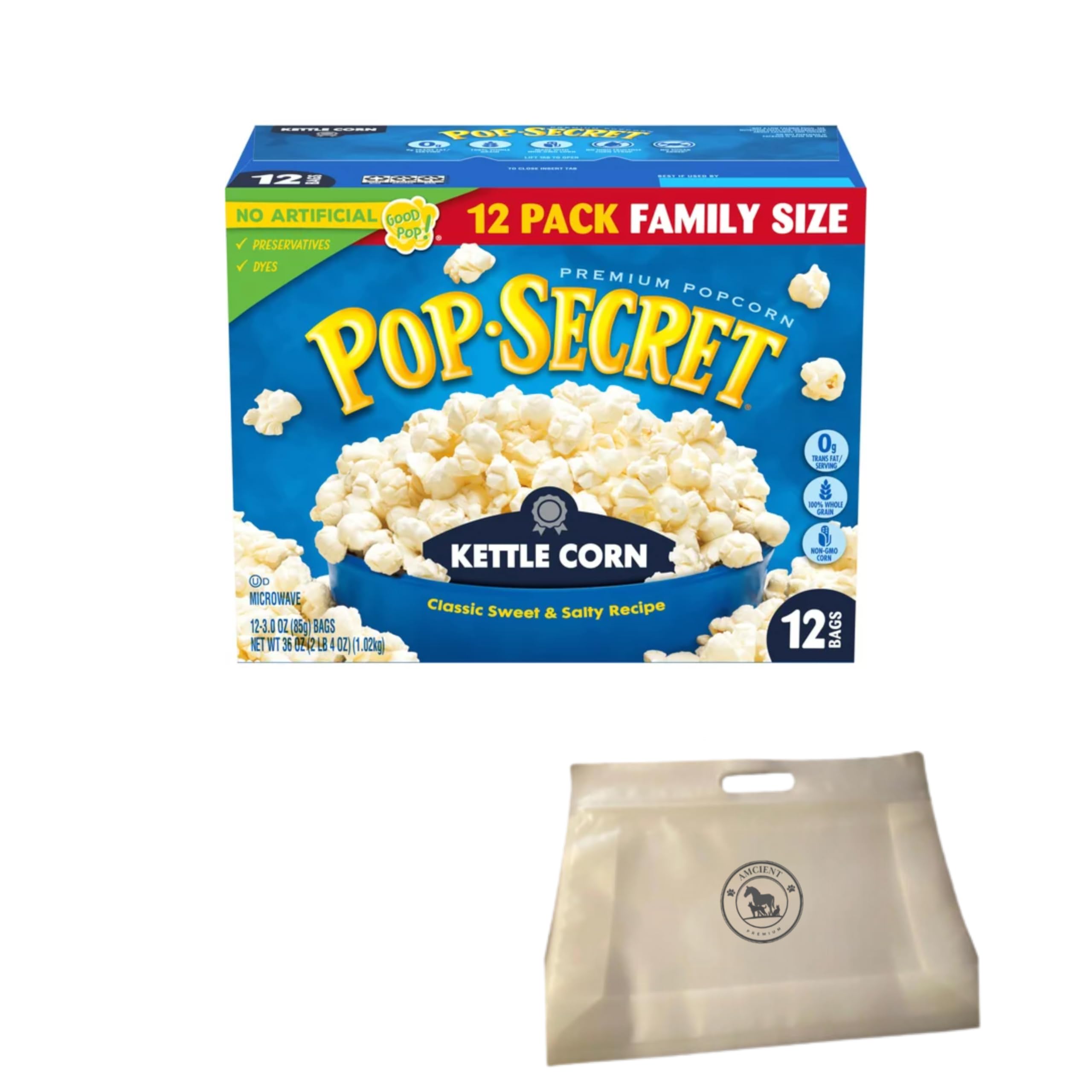 Pop Secret Kettle Corn Popcorn Microwave 12 Ct (3 oz EACH) Bundle With Reusable Snack Pouch By AMCIENT