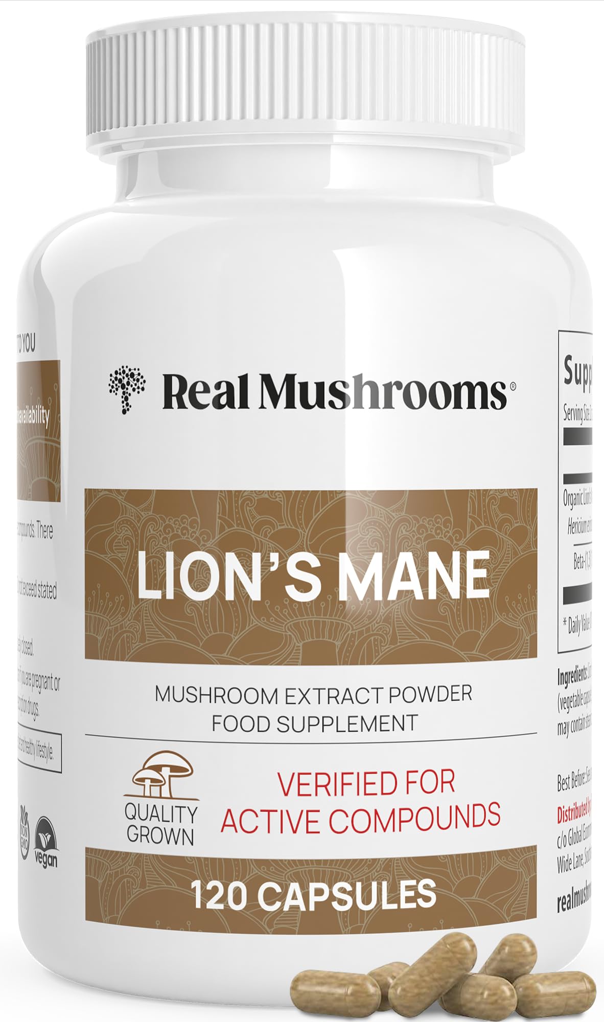 Organic Lions Mane Mushroom Capsules by Real Mushrooms - 120 Capsules of Extract Powder, White : 120 Count