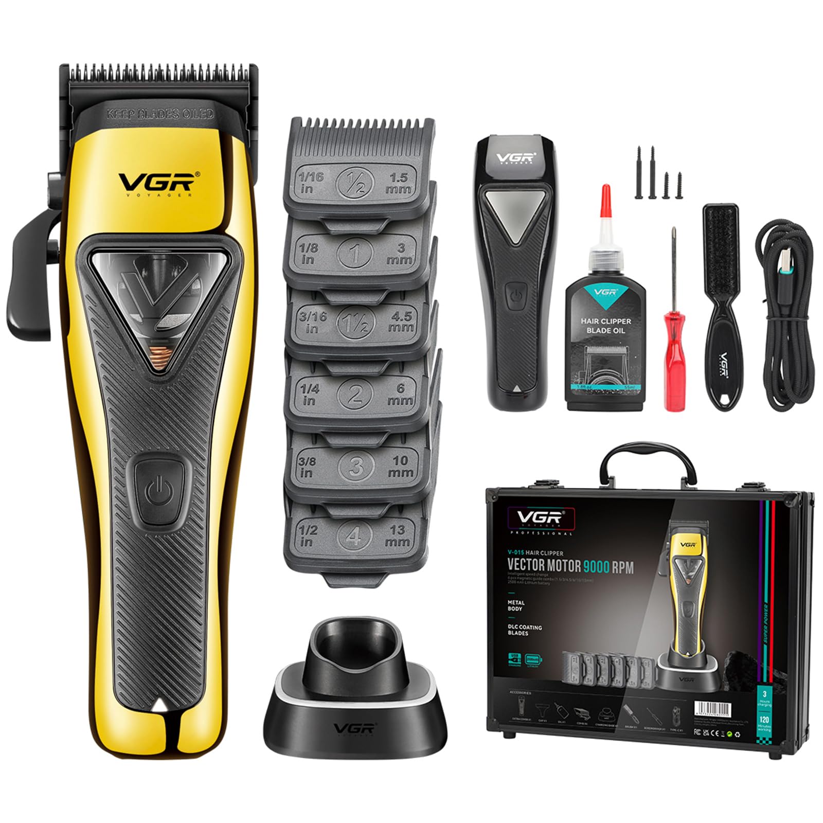 VGR015 Professional Cordless Hair Clippers for Men, 9000 RPM Vector Motor Hair Trimmer DLC-Blade Barber Clipper for Hair Cutting with Metal Body, 1 Modular Lid in Black, Travel Case