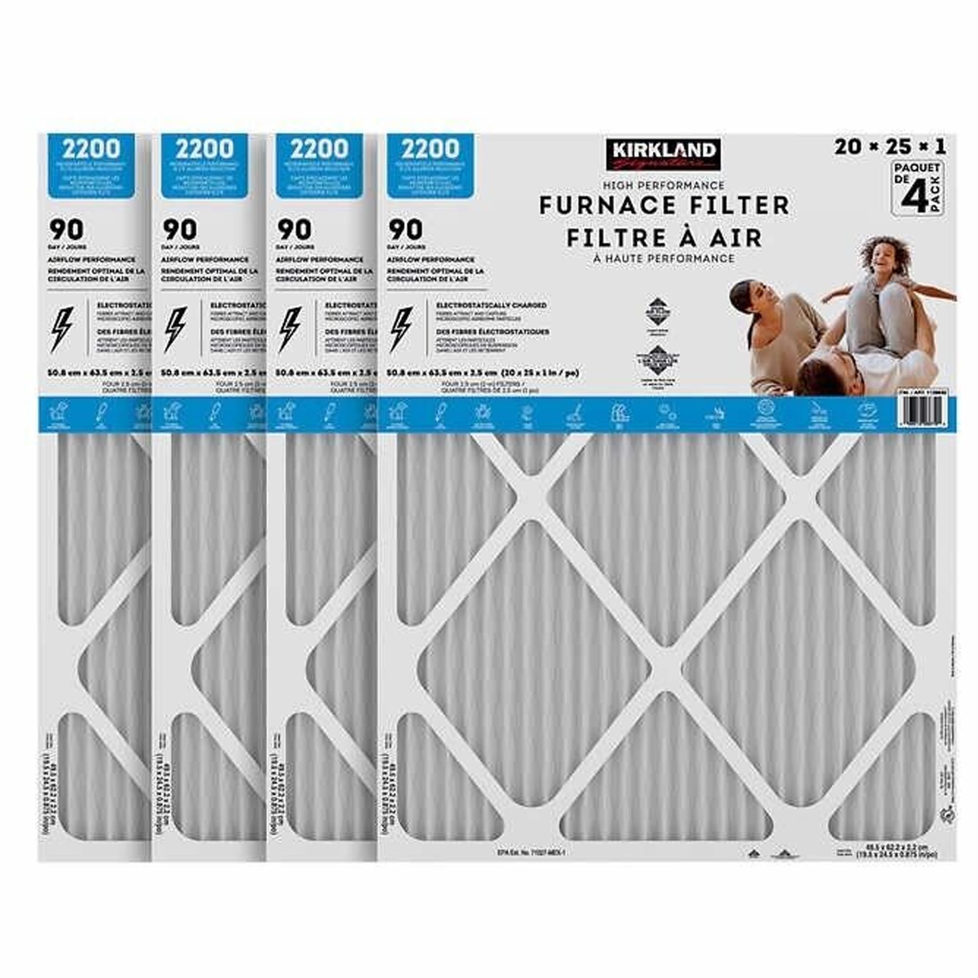 KirklandSignature 20x25x1 Air Filter (4-Pack) Electrostatic Pleated Air Conditioner HVAC AC Furnace Filters for Allergies, Pollen, Mold, Bacteria, Smoke, Allergen, MPR 2200,Furnace Filter