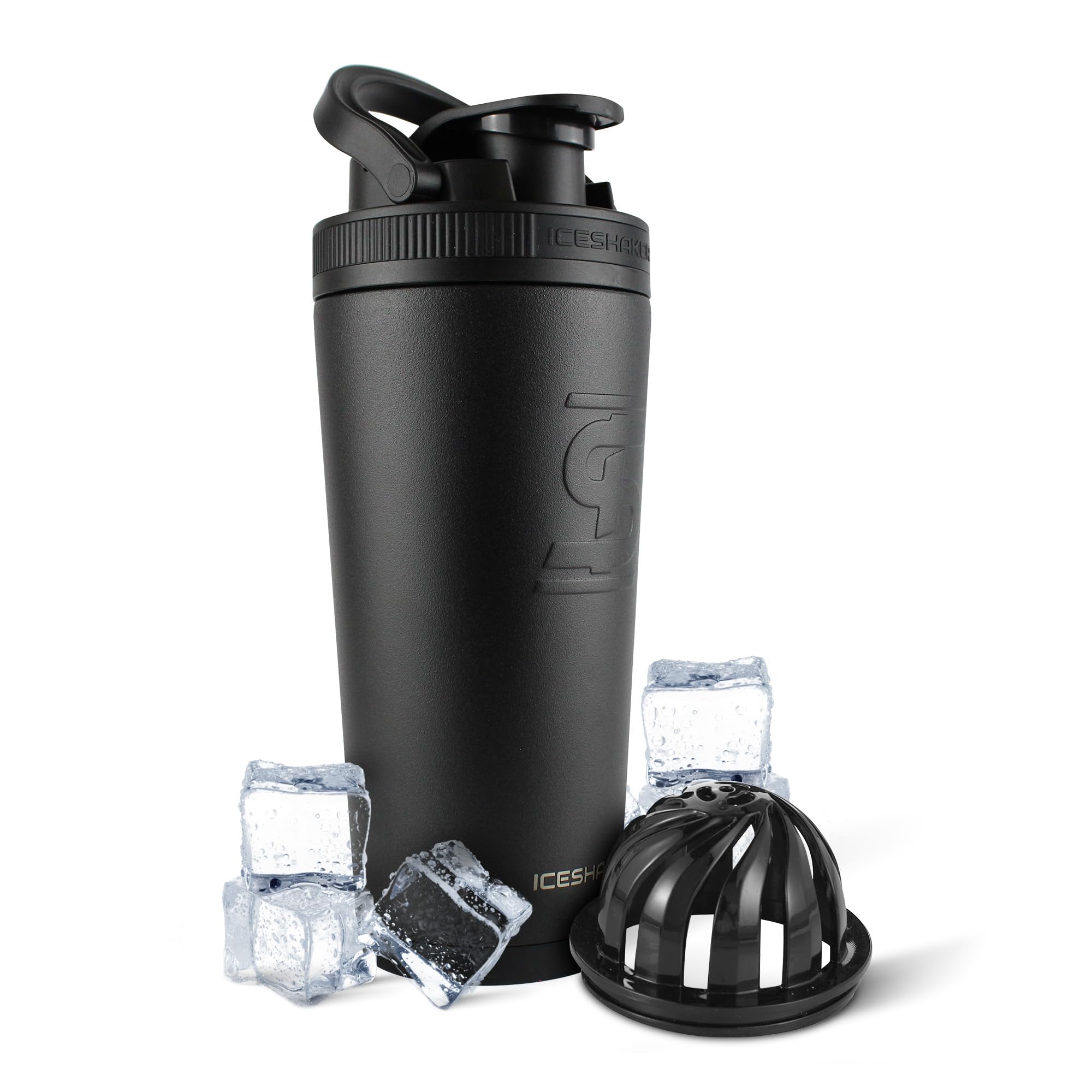 Ice Shaker Insulated Stainless Steel Shaker Bottle | 26oz, Black | Cold for 30+ Hours | Insulated Cup with Twist-on Agitator | Odor-Free Shaker Cup for Protein Shakes, Water, Smoothies, Cocktails