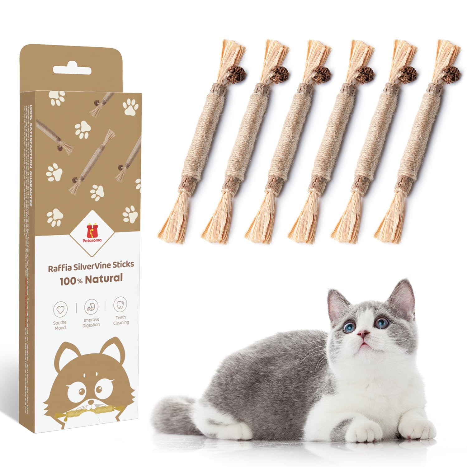 Potaroma6 Pcs Natural Silvervine Sticks Cat Toys, Catmint Silvervine Blend Sticks, Kittens Chew Toys for Teeth Cleaning, Matatabi Dental Care Cat Treat, Edible Kitty Lick Toys