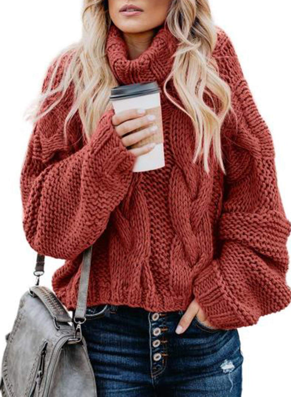 BLENCOTWomen Cable Knit Turtleneck Sweater Casual Thick Long Sleeve Tops Pullover