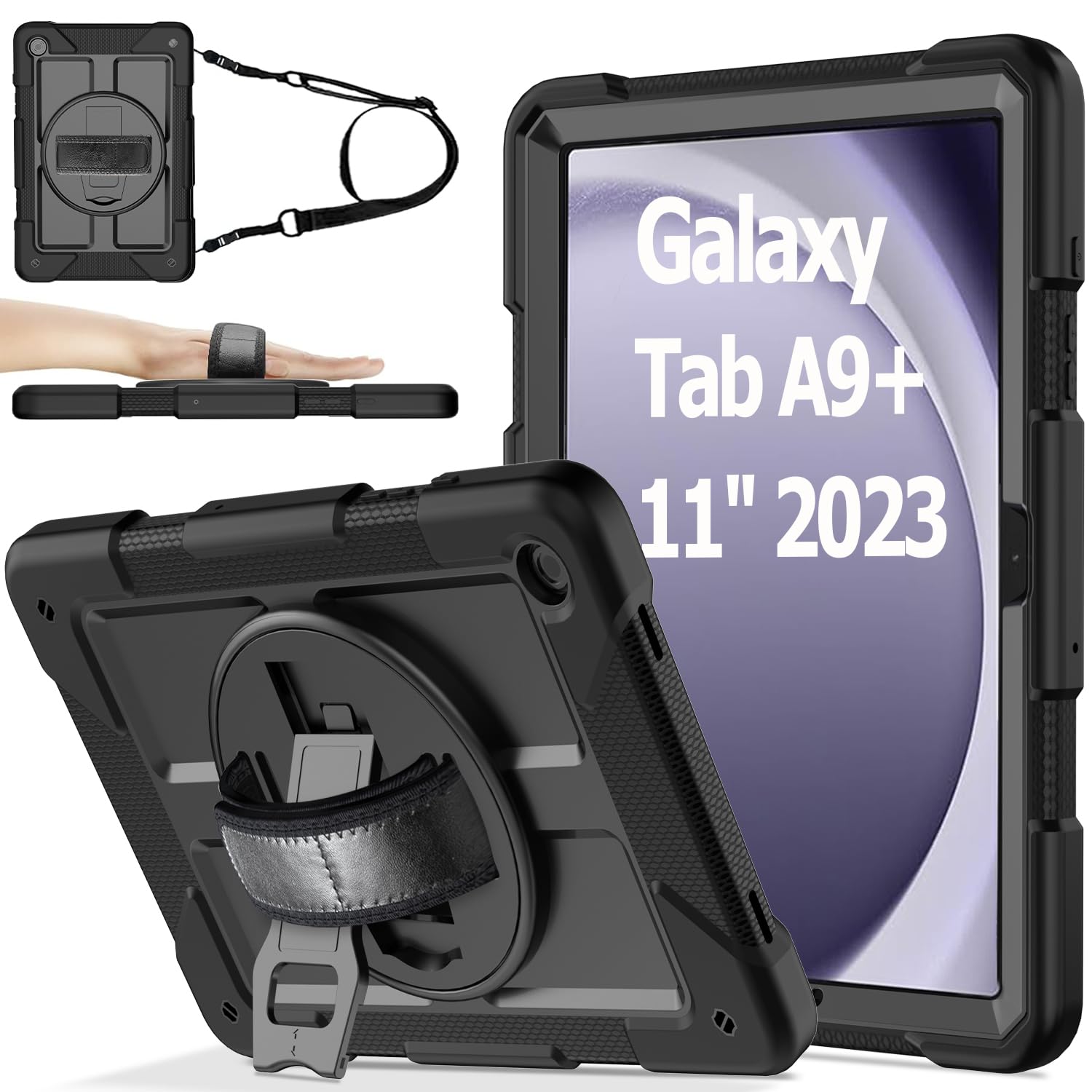 AVAWO Case for Samsung Galaxy Tab A9+ Plus 11 Inch 2024 with 360° Swivel Handle Strap Cover with Lanyard, Black