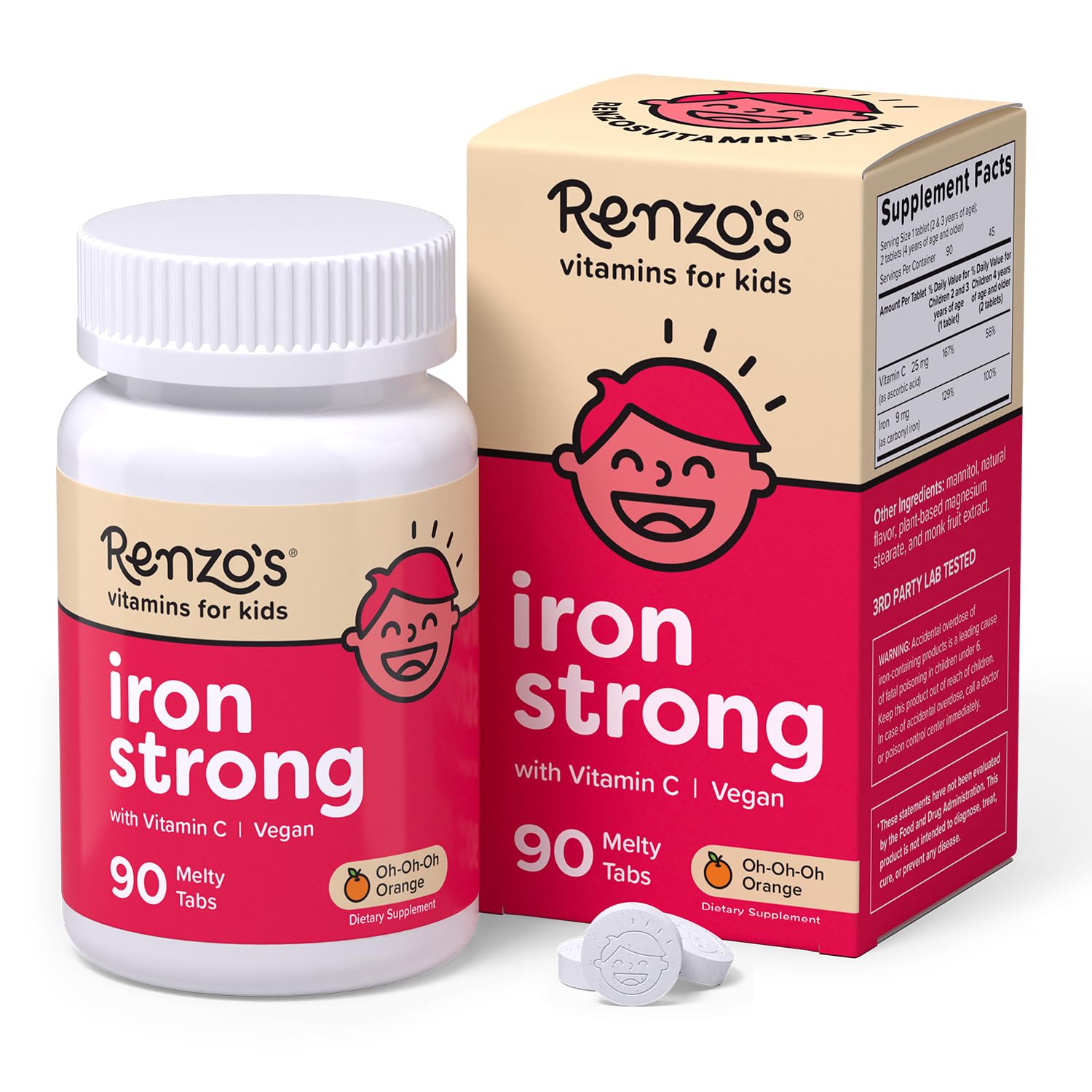 Renzo'sIron Supplements for Kids - Dissolvable Vegan Iron Supplement with Vitamin C - Sugar Free, Oh-Oh-Oh Orange Flavor, 90 Melty Tabs