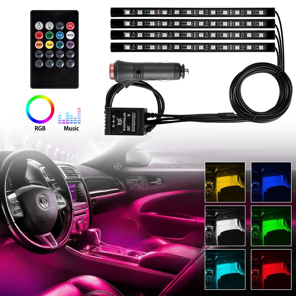 FABTEC 4X12 LED Strip Universal Atmosphere Light for Car Interior with Music Controller and Remote (Multicolor)