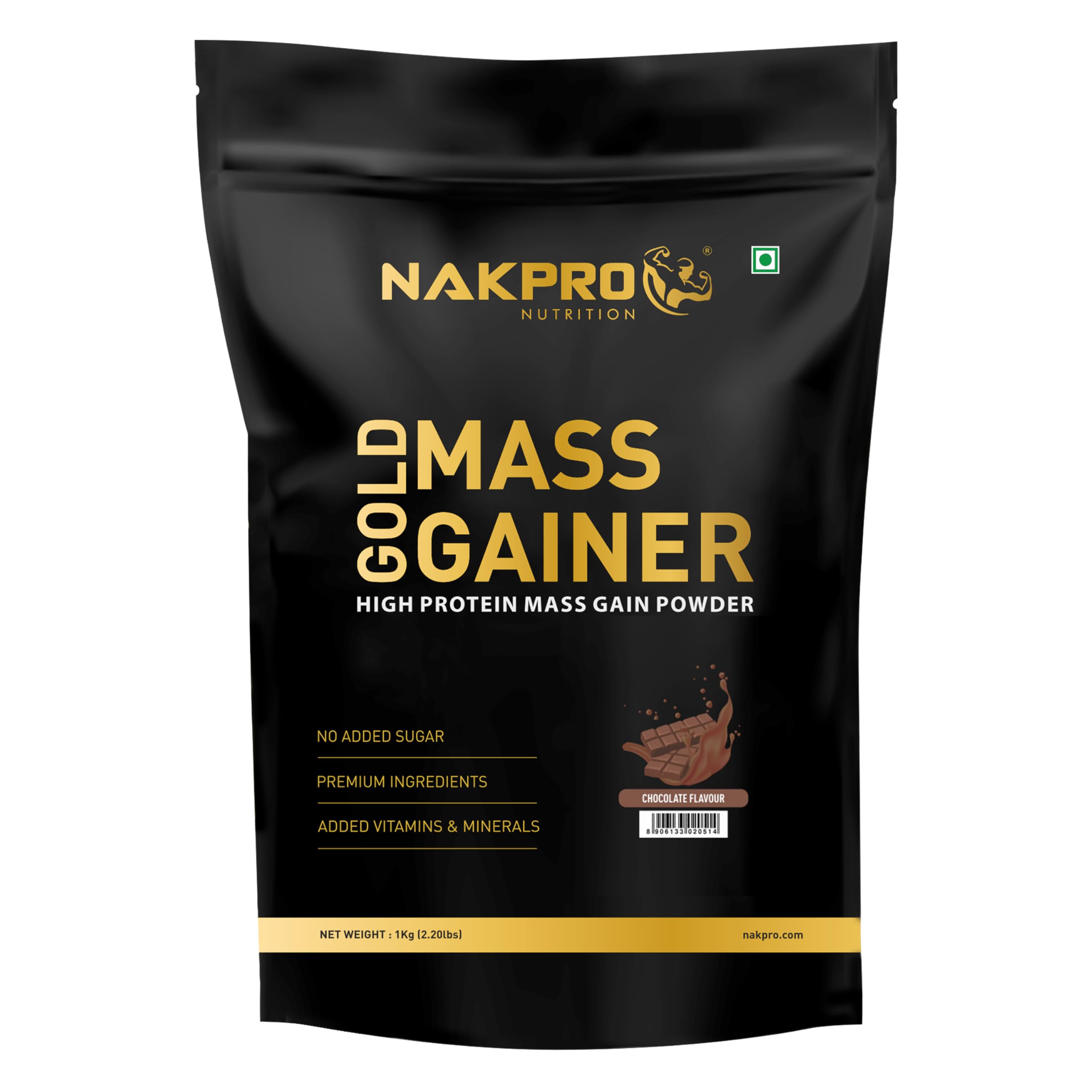 Nakpro Gold Mass Gainer Powder 1 Kg, Chocolate| Lean Muscle Whey Protein Mass Gainer | 21g Protein, 68g Carb, 372 Calories Per Scoop for Muscle Support & Muscle Mass Gain