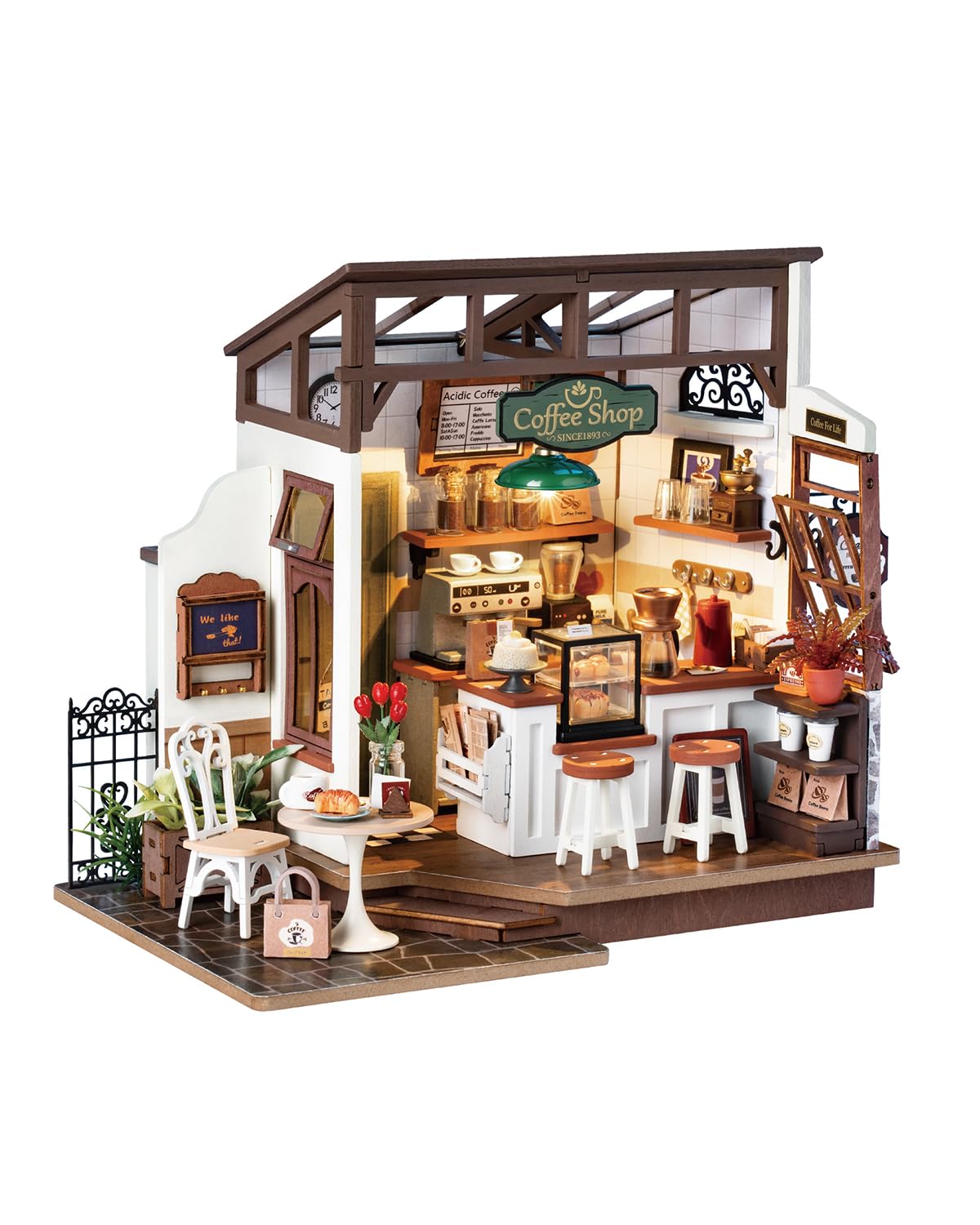 Rowood Miniature House Kit,DIY Miniature Dollhouse Kits for Adults to Build to Live in,Mayberry Street Miniatures,Wooden Adults Craft Kits,Mini Model Kits with LED,Birthday for Teens(NO.17 Cafe)