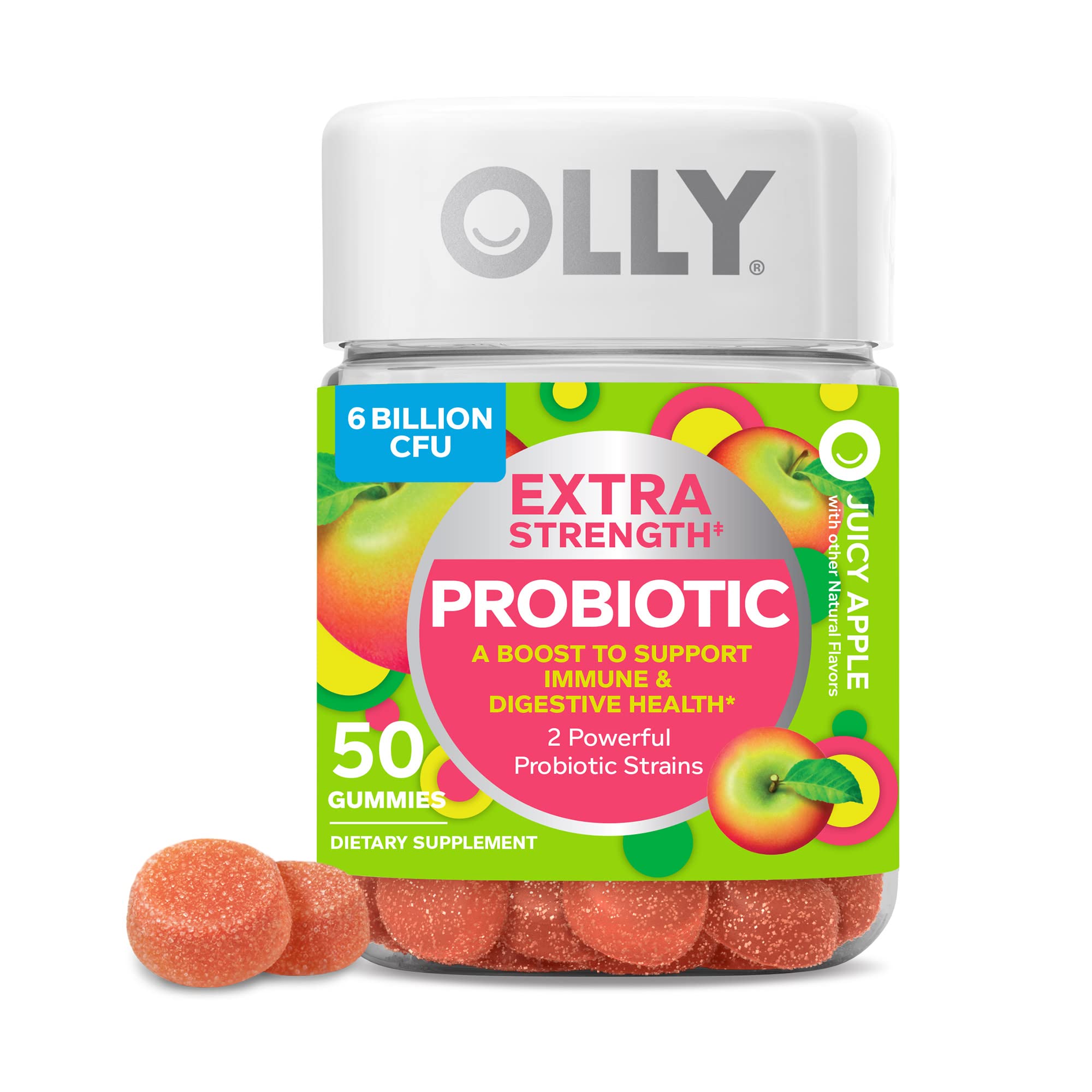 OLLYExtra Strength Probiotic, 25 Day Supply (50 Gummies), Juicy Apple, 2 Probiotic Strains, Live Cultures, Chewable Supplement