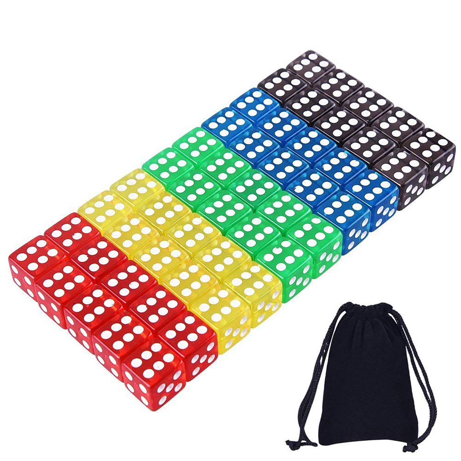 AUSTOR50 Pieces Game Dice Set (Free Pouch), 5 Translucent Colors Square Corner Dice for Tenzi, Farkle, Yahtzee, Bunco or Teaching Math