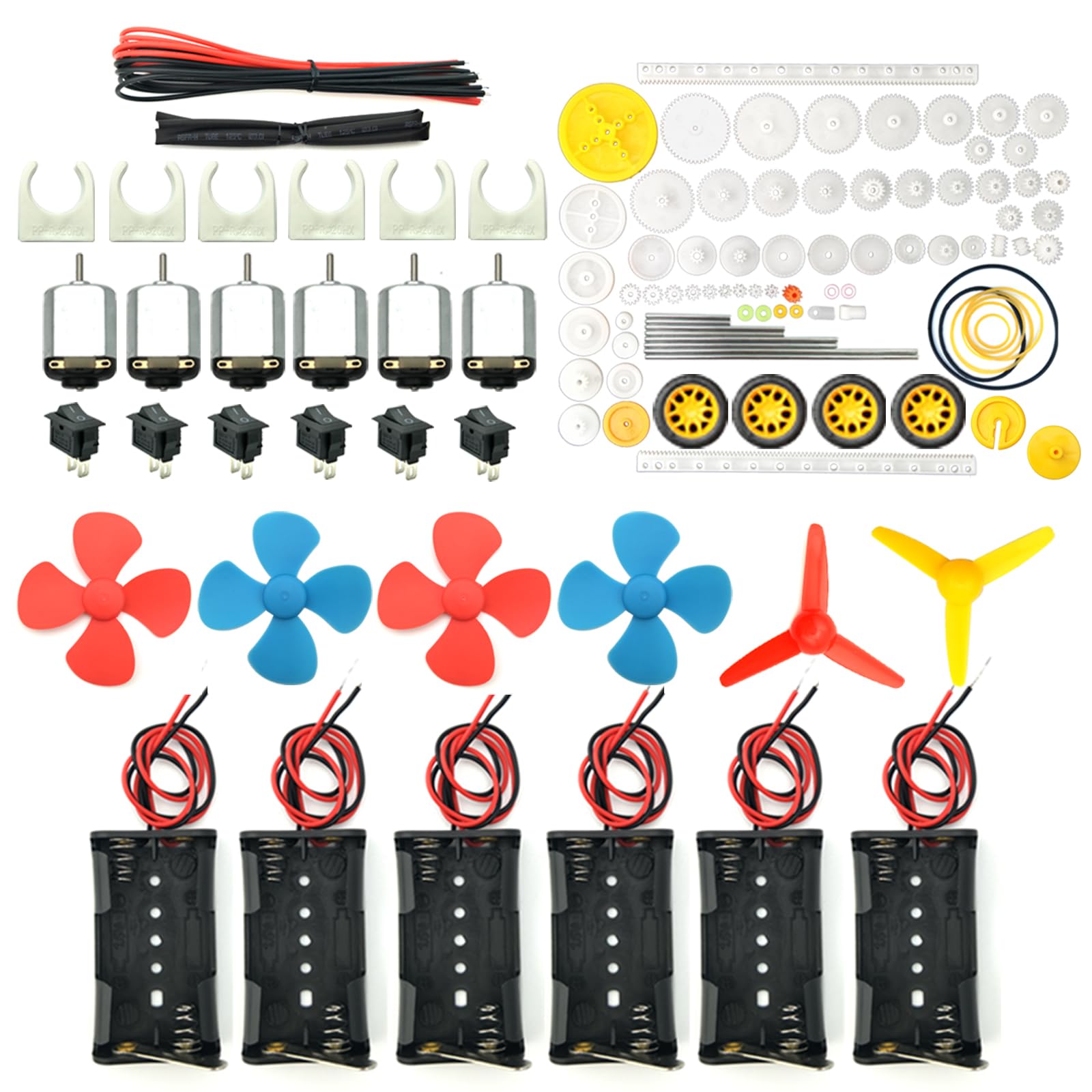 EUDAX 6 Set Rectangular Mini Electric 1.5-3V 24000RPM DC Motor with 84 Pcs Plastic Gears,Electronic Wire, 2 x AA Battery Holder,Boat Rocker Switch,Shaft Propeller for DIY Science Projects