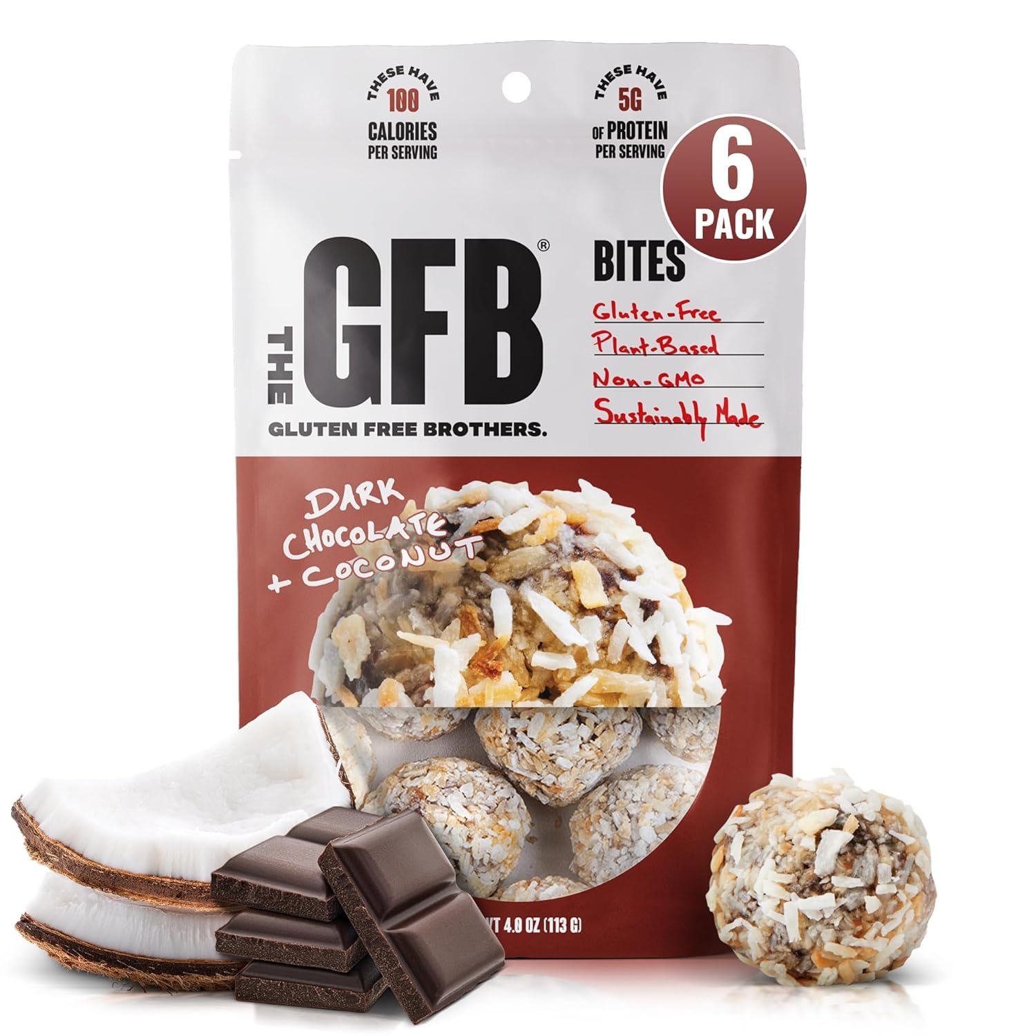 The Gluten Free Brothers Dark Chocolate Coconut Bites - Gluten Free Protein Balls – Non GMO, Soy Free, Vegan – Snack Size Plant Based Protein Energy Balls, 4 oz (6 Count)